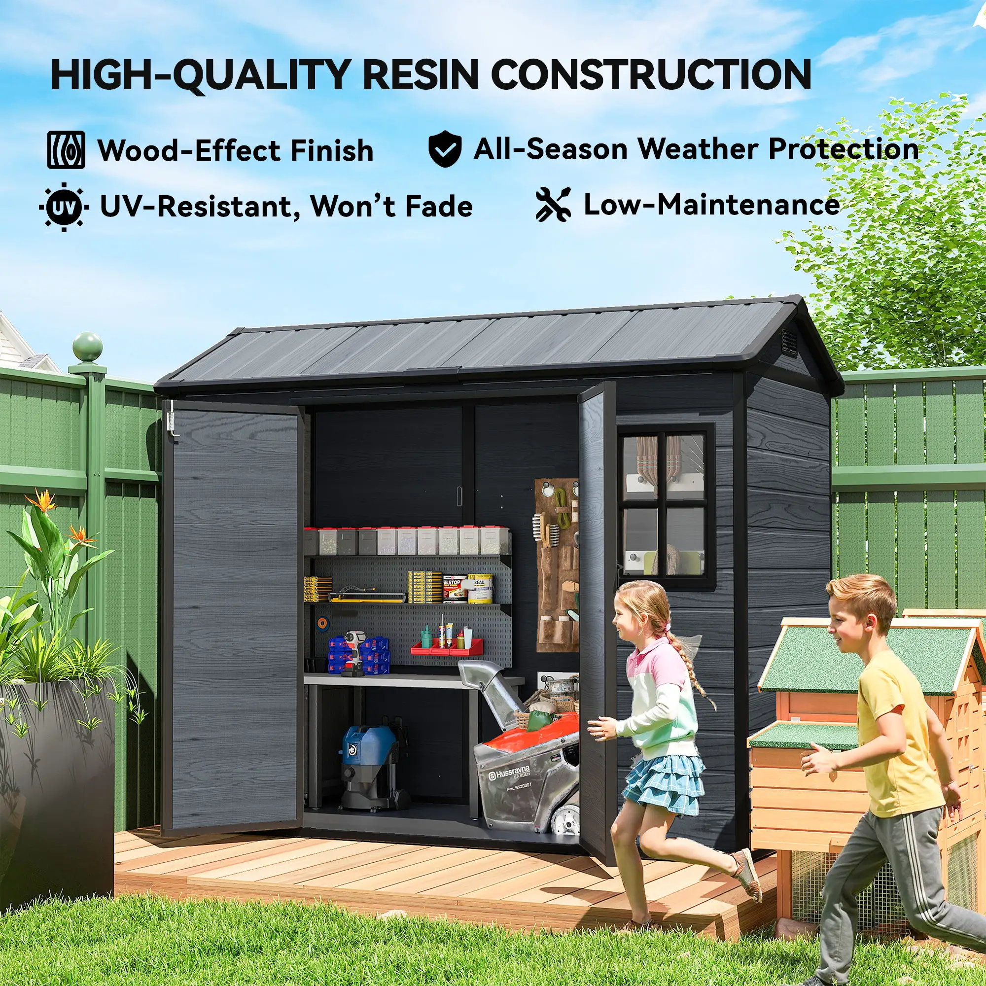 8 x 4 ft Dark Grey Resin Garden Shed, Wood-Effect Outdoor Storage, Dark Grey - Image 9