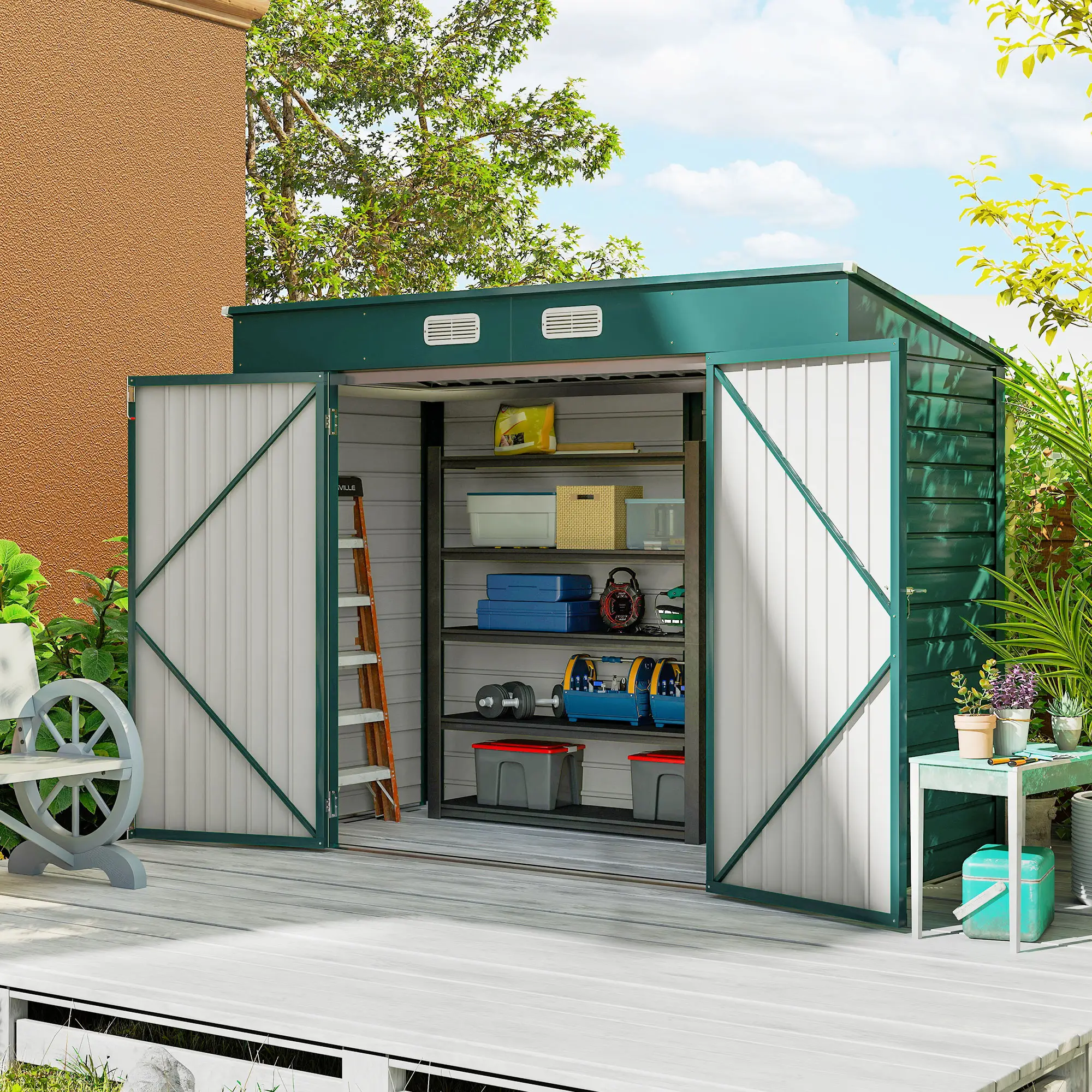 8 x 4FT Galvanized Metal Garden Shed, Double Doors, 2 Vents, Green - Image 2