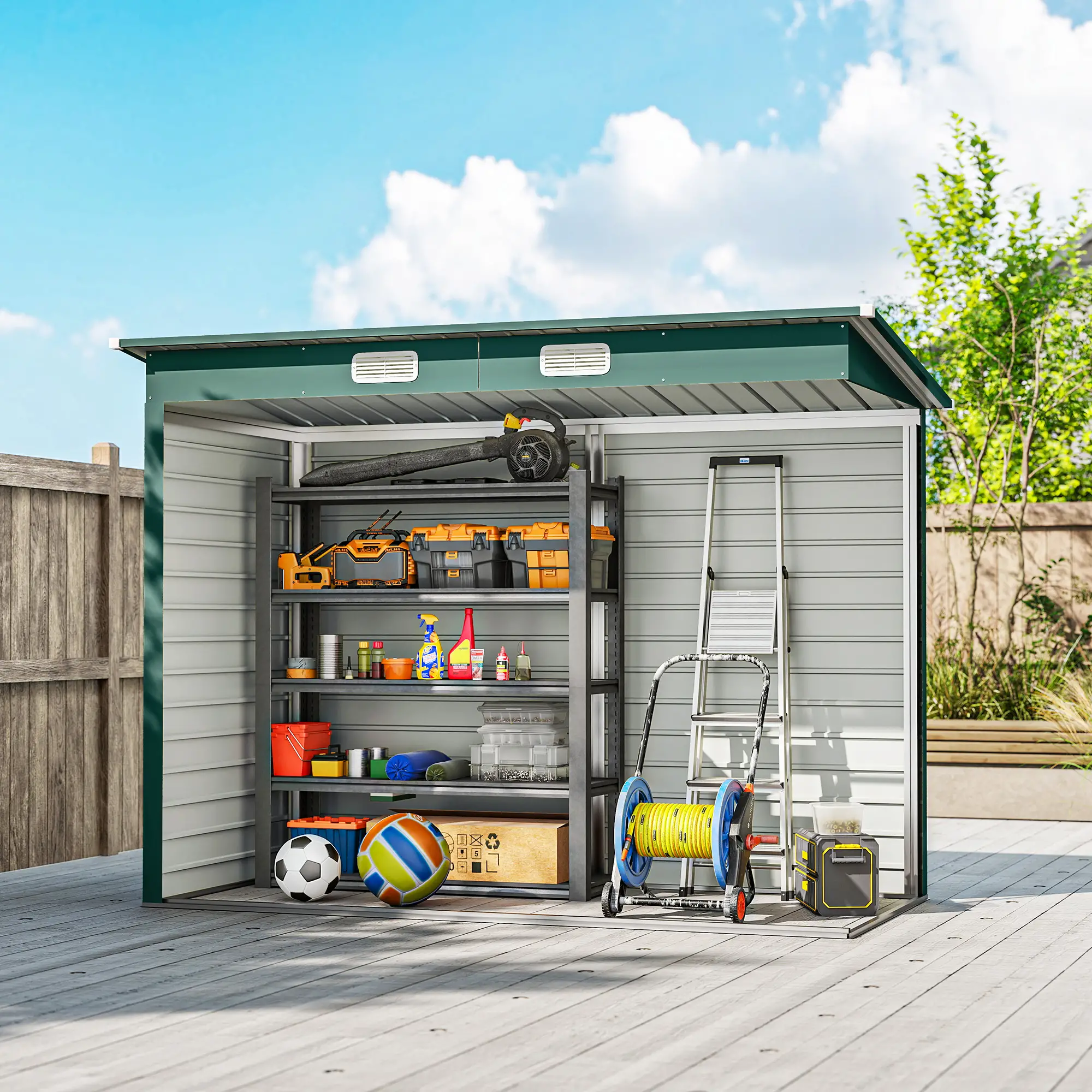 8 x 4FT Galvanized Metal Garden Shed, Double Doors, 2 Vents, Green - Image 9