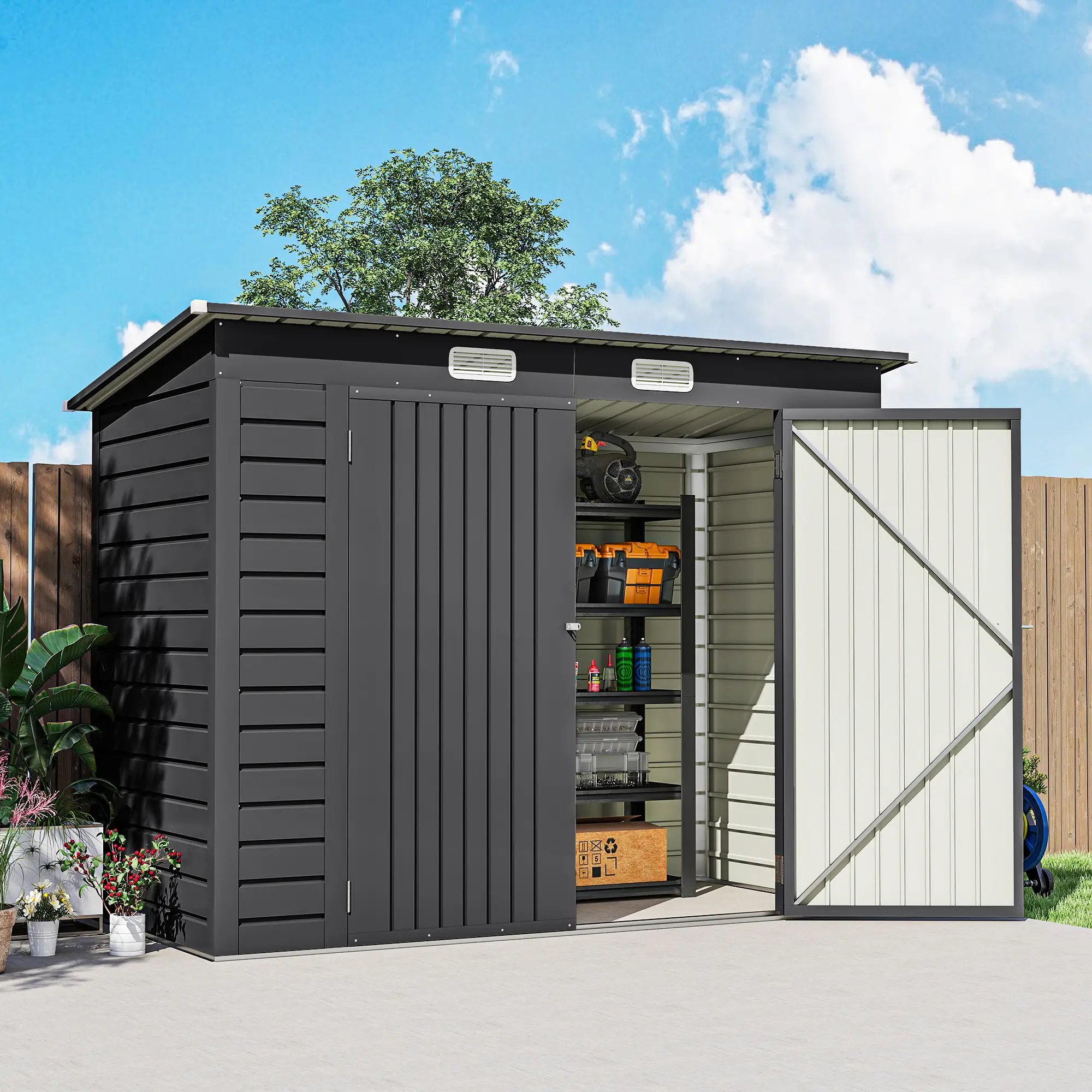 8 x 4FT Galvanized Metal Garden Shed, Double Doors, 2 Vents, Grey - Image 10