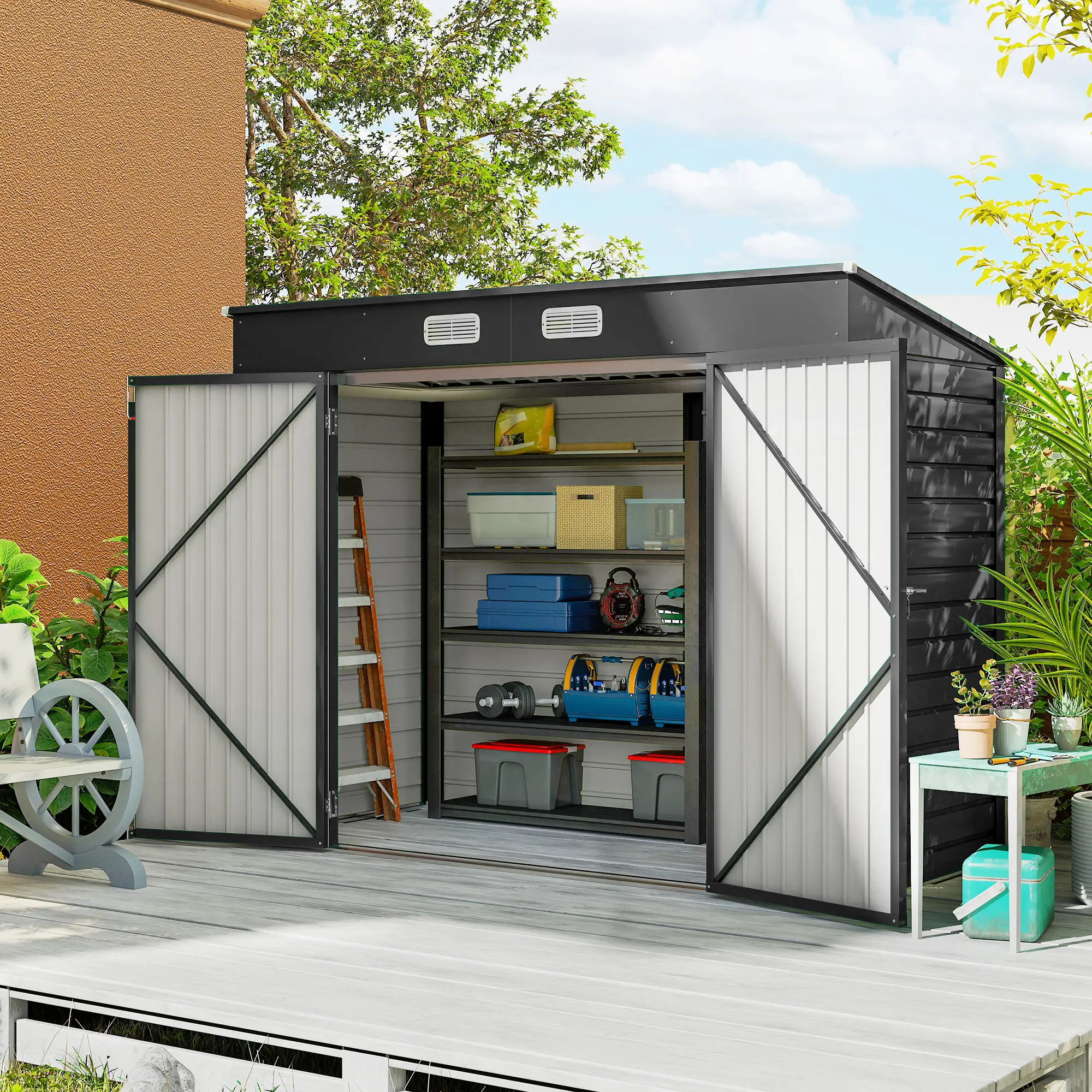 8 x 4FT Galvanized Metal Garden Shed, Double Doors, 2 Vents, Grey - Image 2