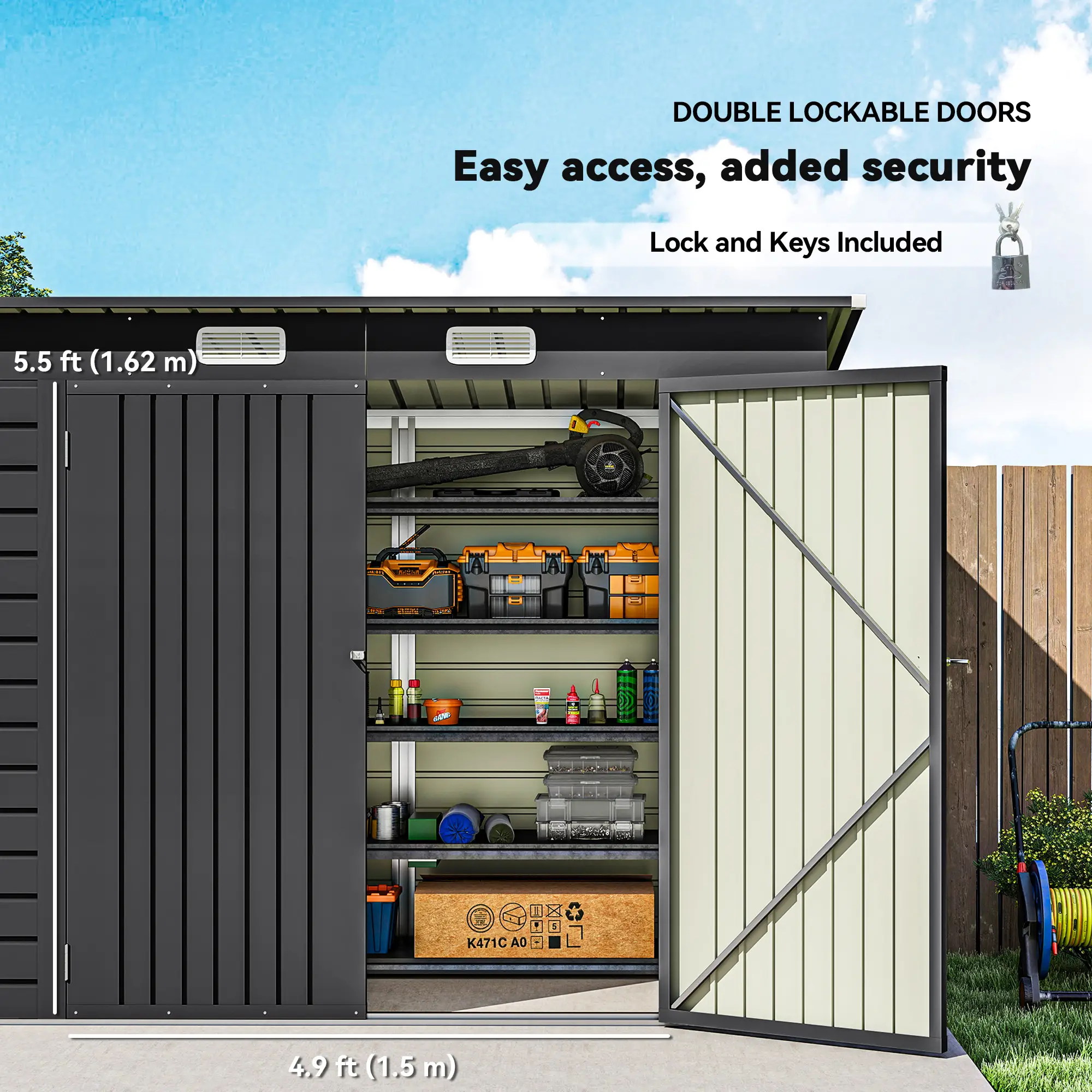 8 x 4FT Galvanized Metal Garden Shed, Double Doors, 2 Vents, Grey - Image 6