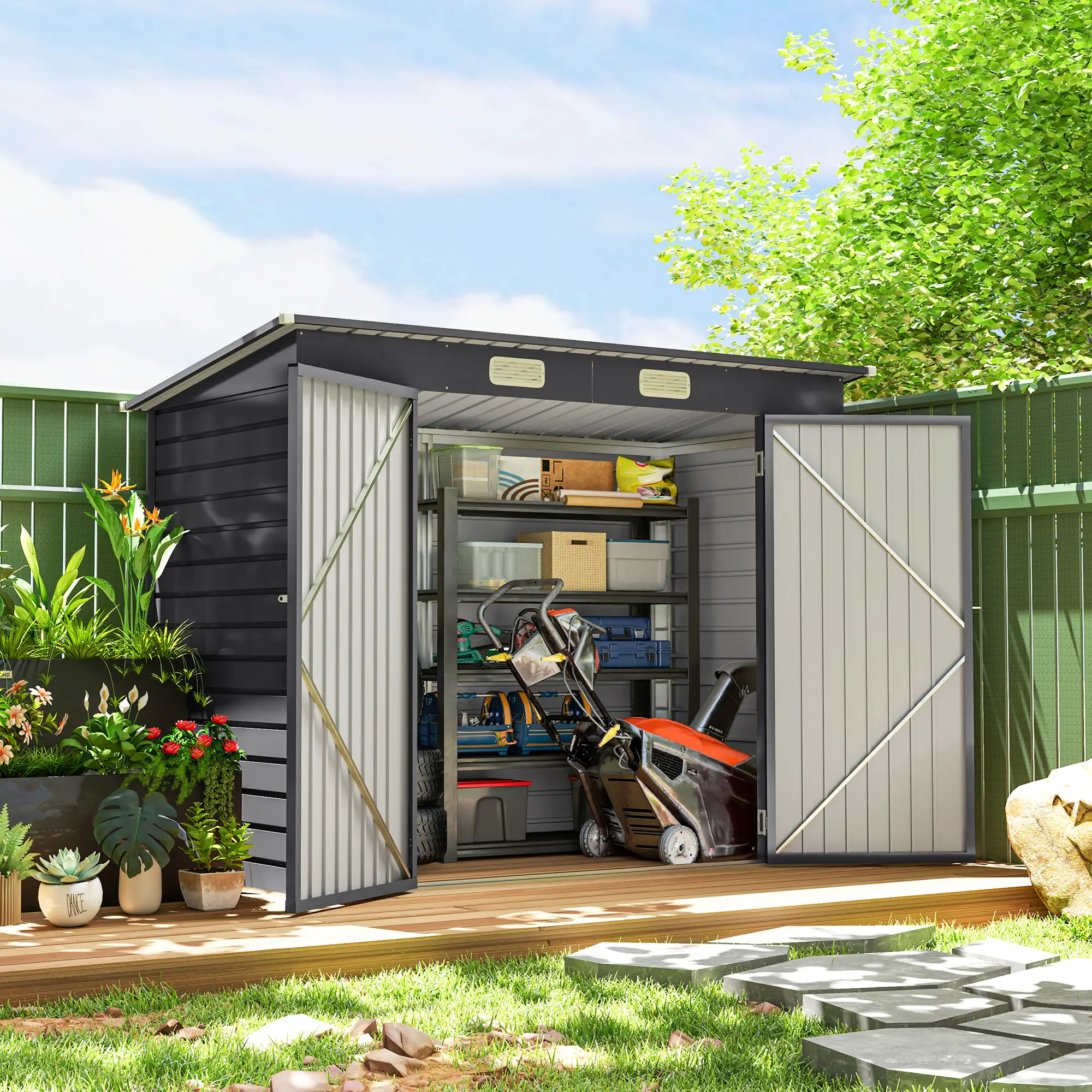 8 x 4FT Galvanized Metal Garden Shed, Double Doors, 2 Vents, Grey - Image 8