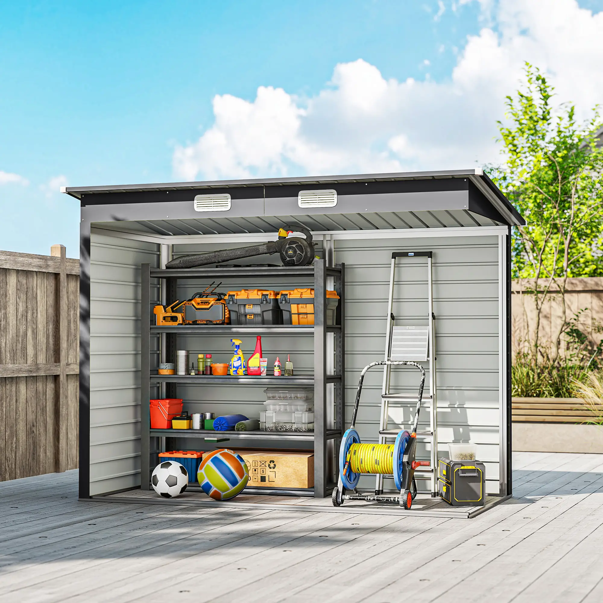 8 x 4FT Galvanized Metal Garden Shed, Double Doors, 2 Vents, Grey - Image 9