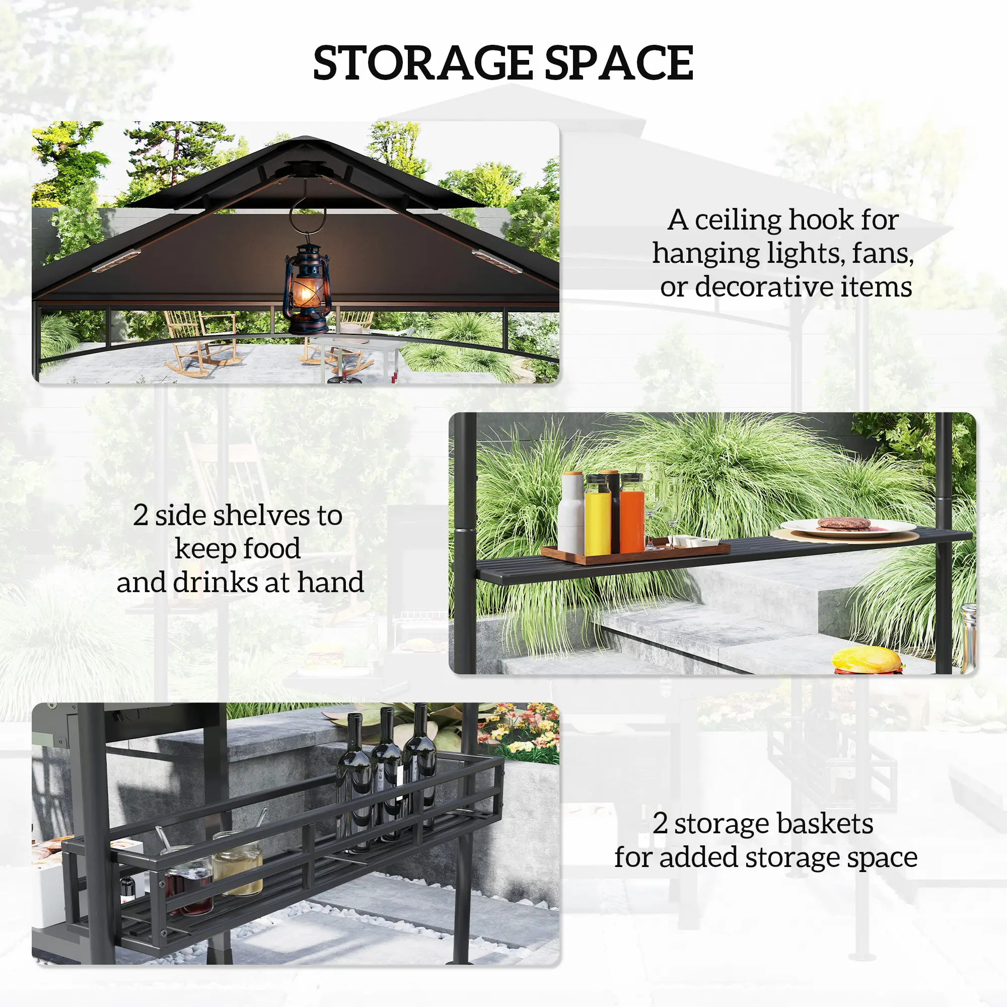 8' x 5' BBQ Gazebo, 2-Tier With Shelves, Storage Basket, Dark Grey - Image 5