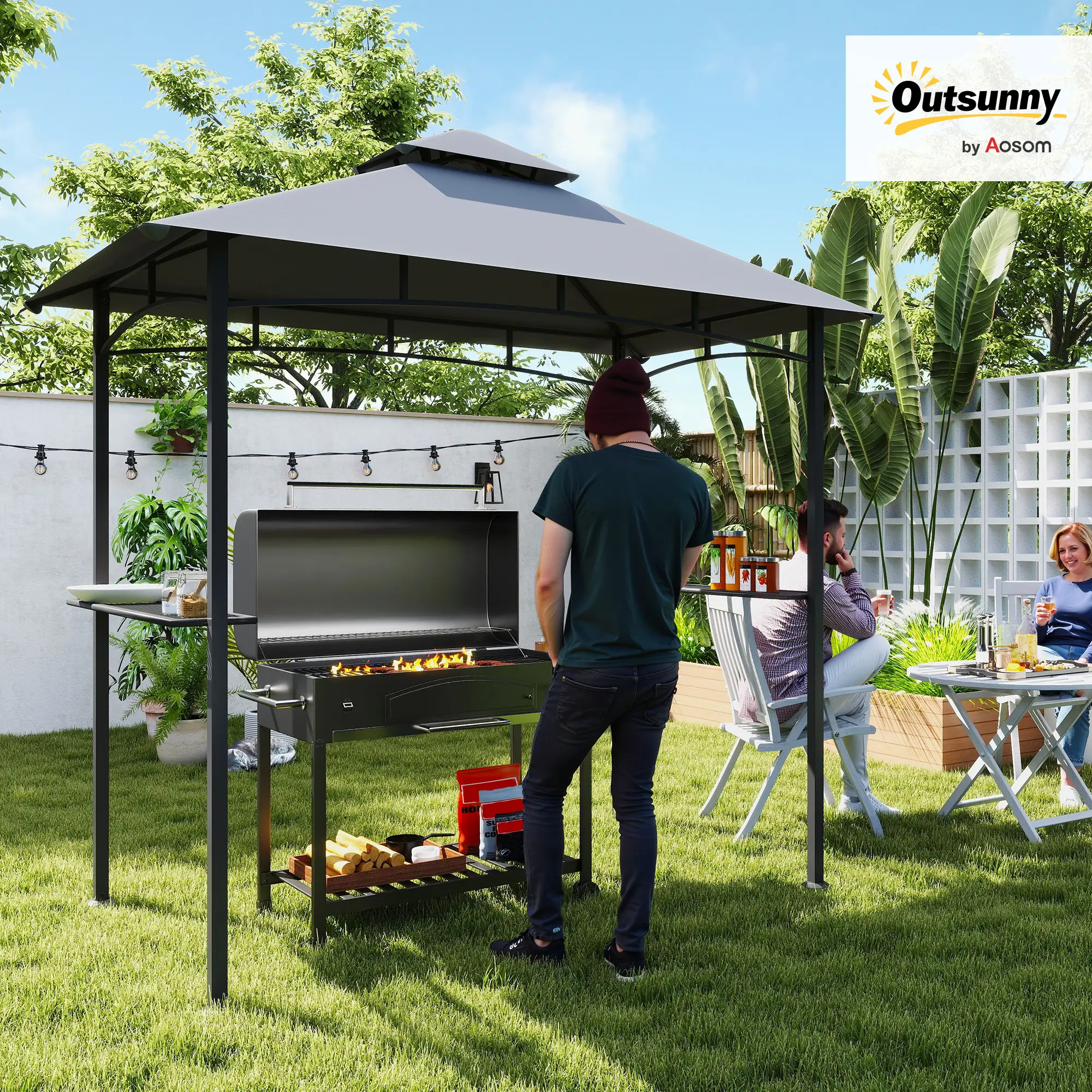 8' x 5' BBQ Grill Gazebo Tent, Double Tiered Canopy, Outdoor Sun Shade, Grey - Image 2