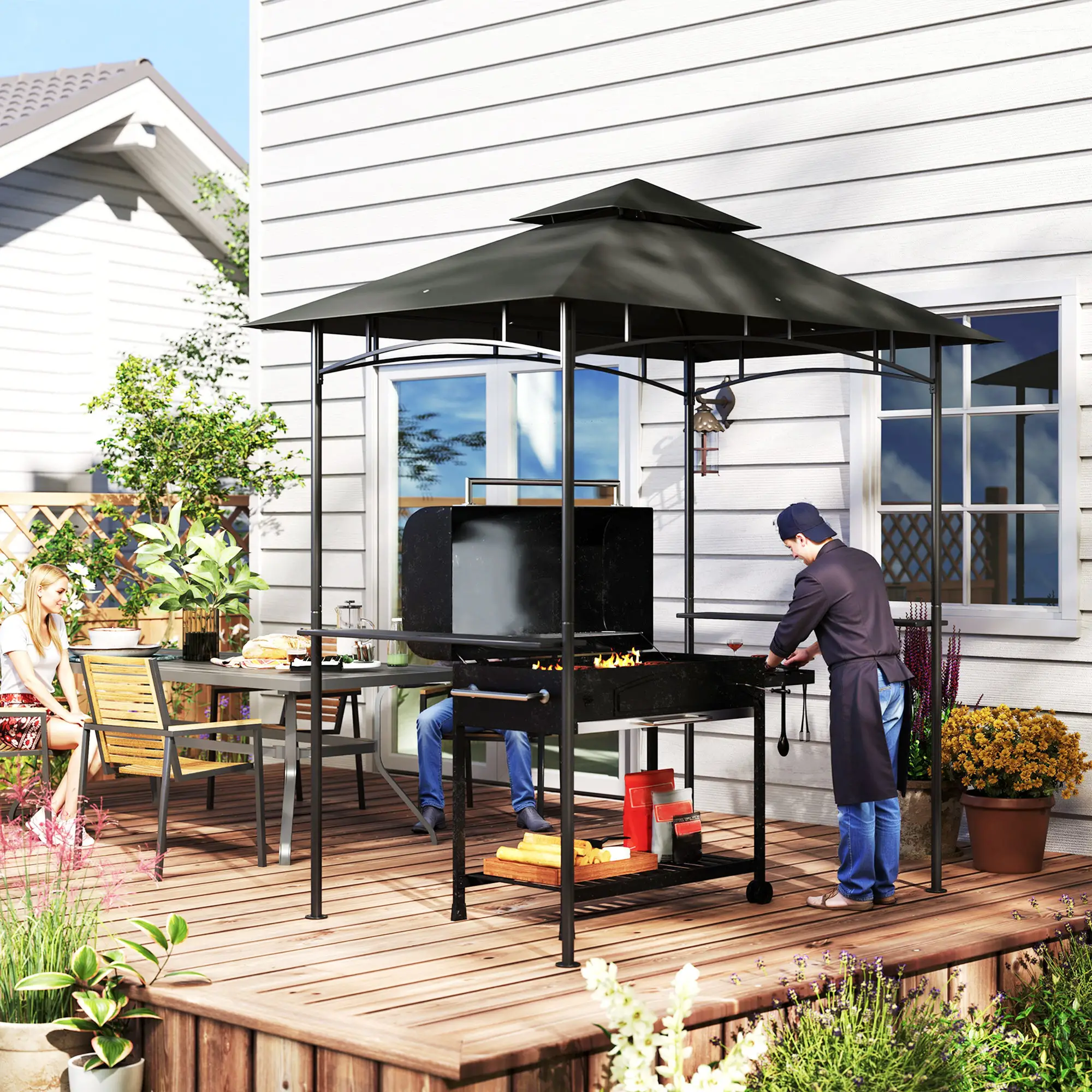 8' x 5' Outdoor Grill Gazebo, Double Tiered With Shelves, Dark Grey - Image 10