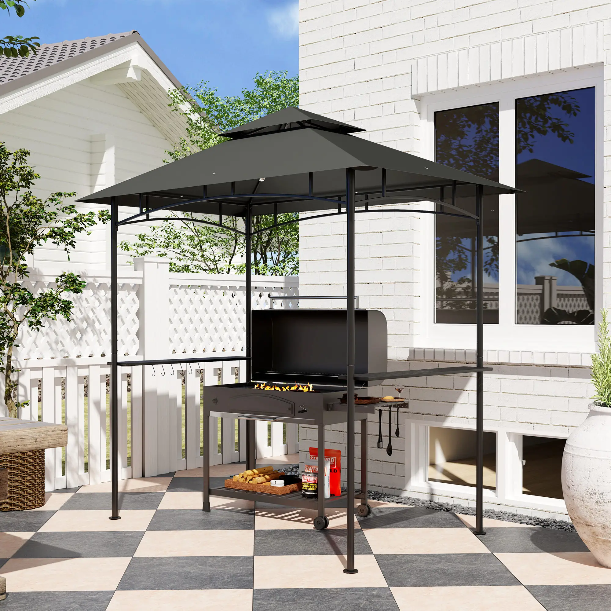 8' x 5' Outdoor Grill Gazebo, Double Tiered With Shelves, Dark Grey - Image 8