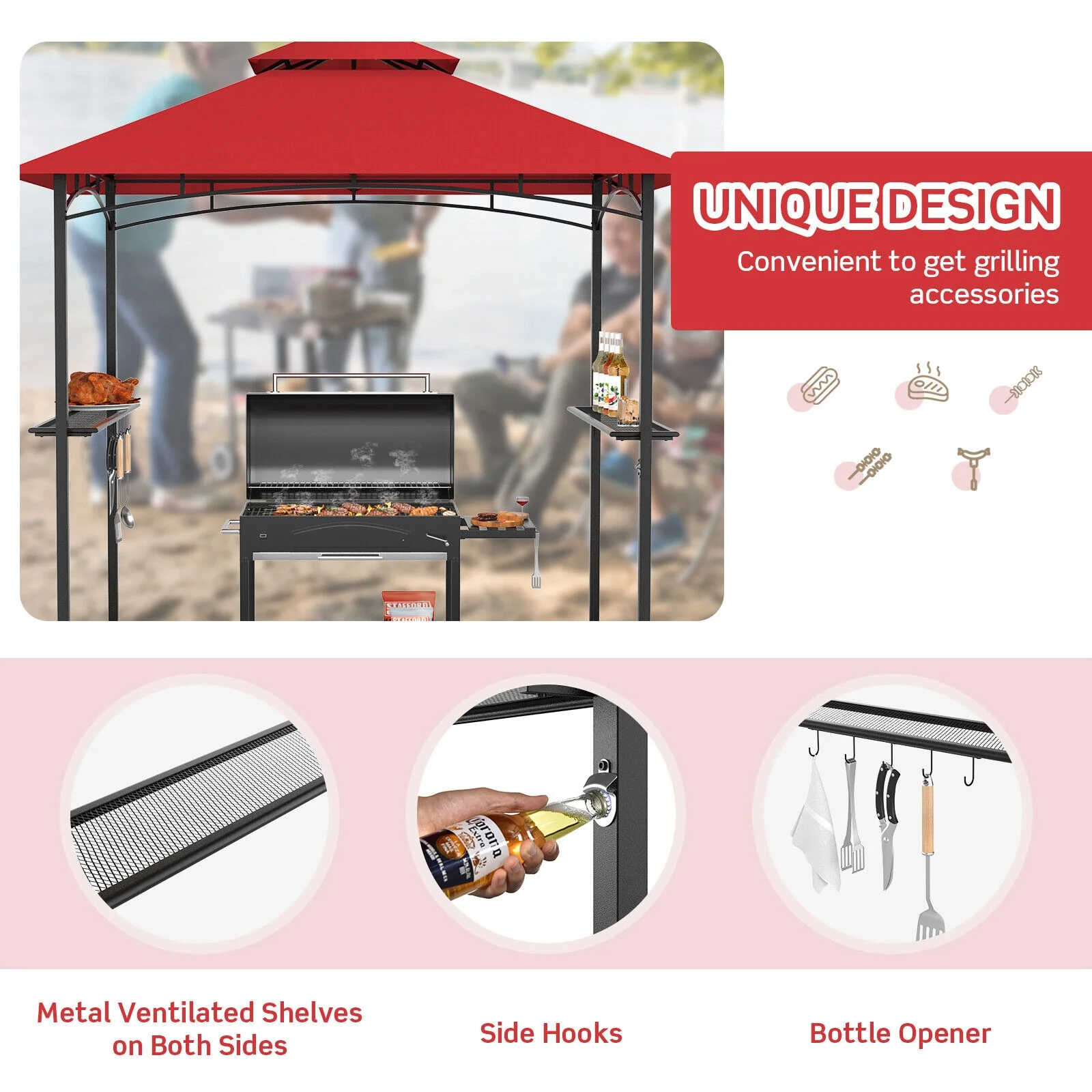 8 x 5 Feet Outdoor BBQ Grill Gazebo, Dark Red - Image 10