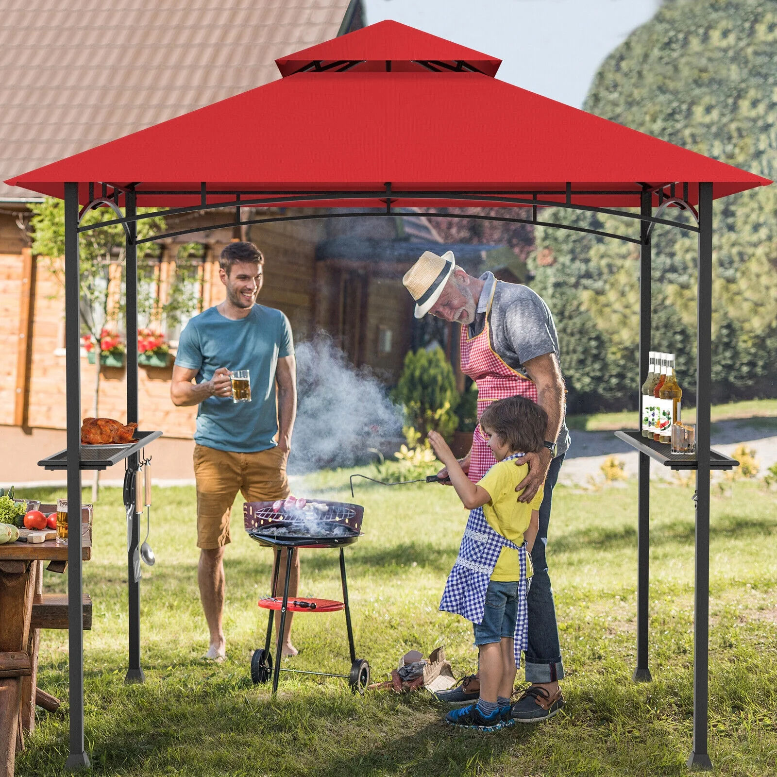 8 x 5 Feet Outdoor BBQ Grill Gazebo, Dark Red - Image 7