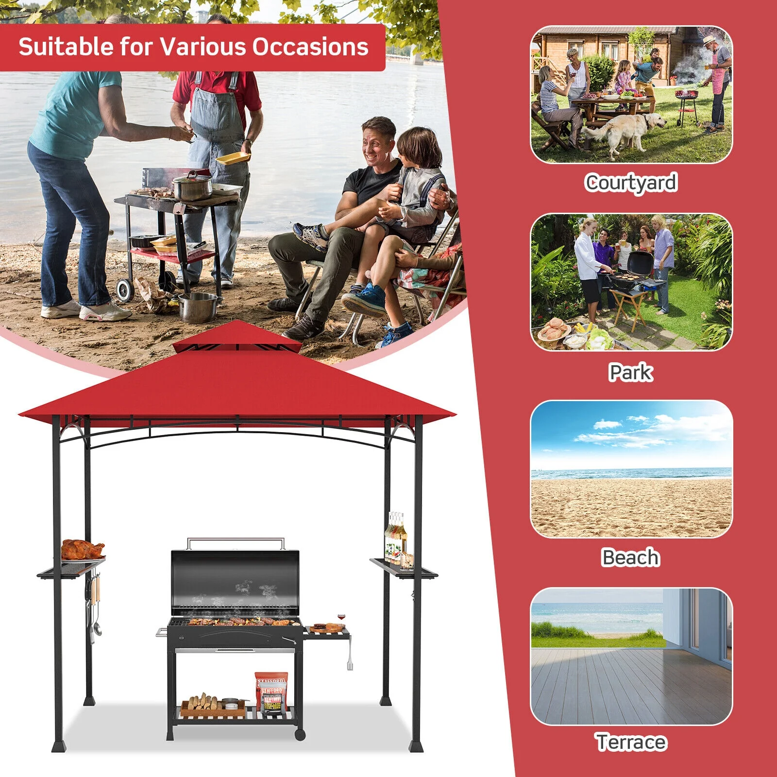 8 x 5 Feet Outdoor BBQ Grill Gazebo, Dark Red - Image 9