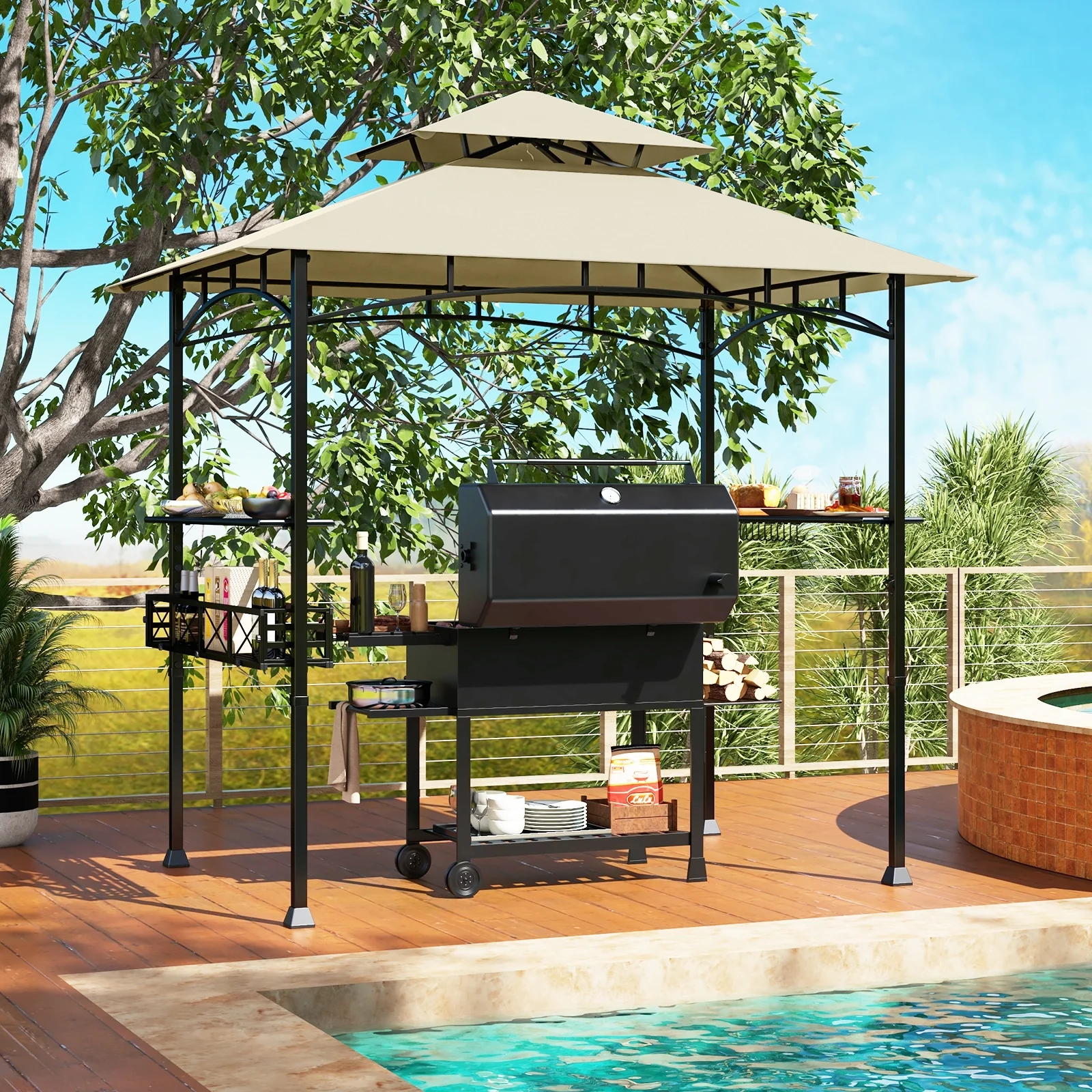 8 x 5 Feet Outdoor Grill Gazebo, 2 Side Shelves, 10 Hooks, Beige - Image 3