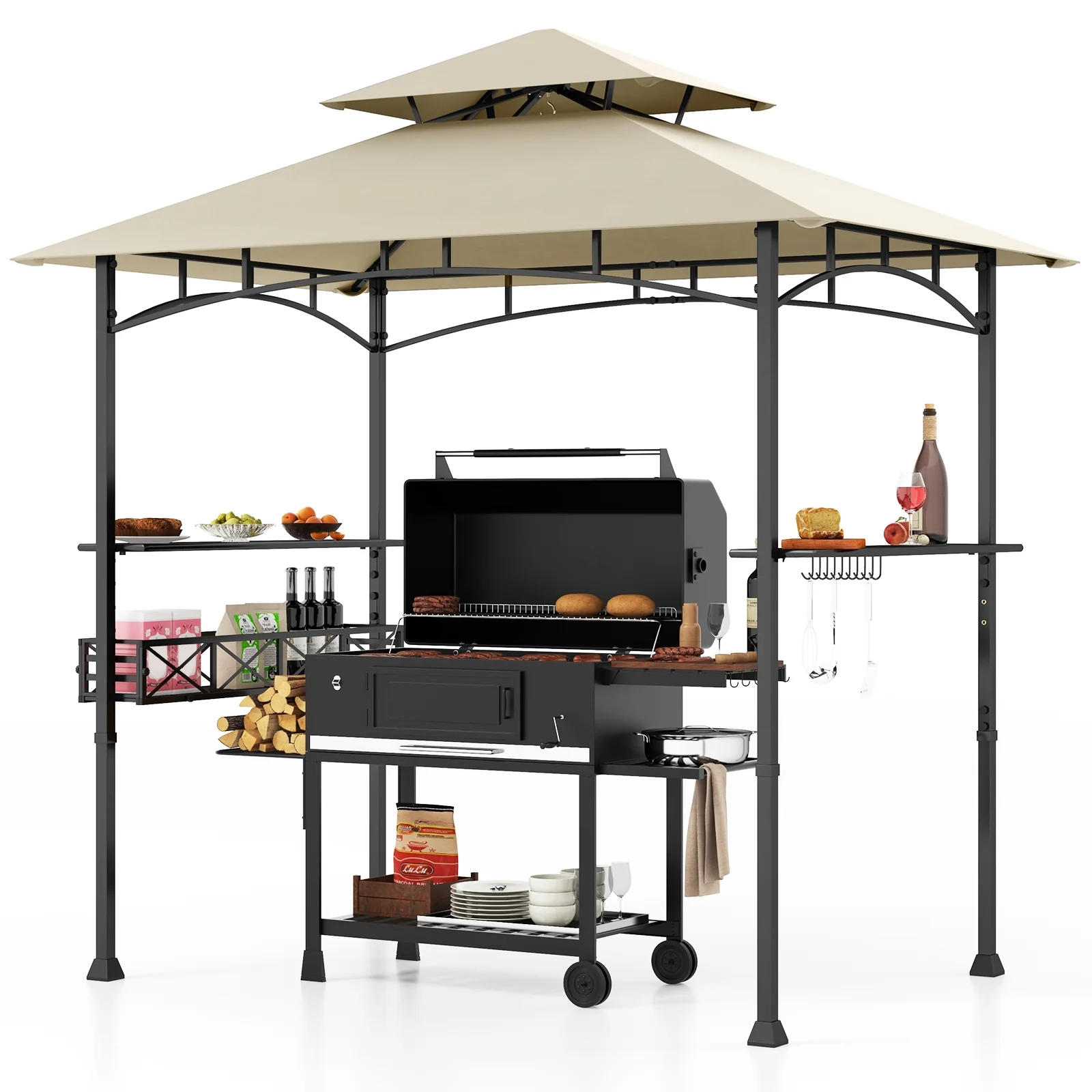 8 x 5 Feet Outdoor Grill Gazebo, 2 Side Shelves, 10 Hooks, Beige - Image 5
