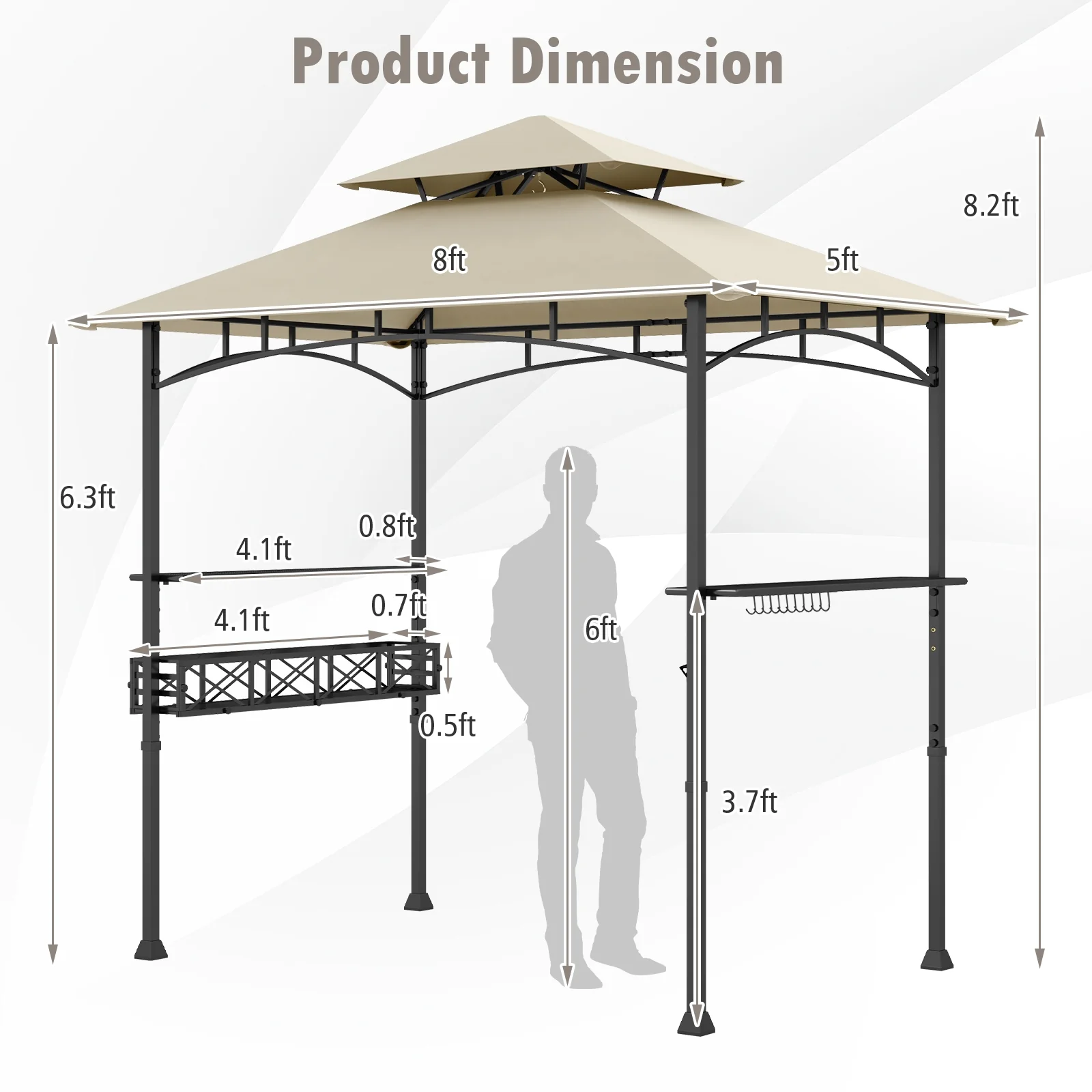 8 x 5 Feet Outdoor Grill Gazebo, 2 Side Shelves, 10 Hooks, Beige - Image 6