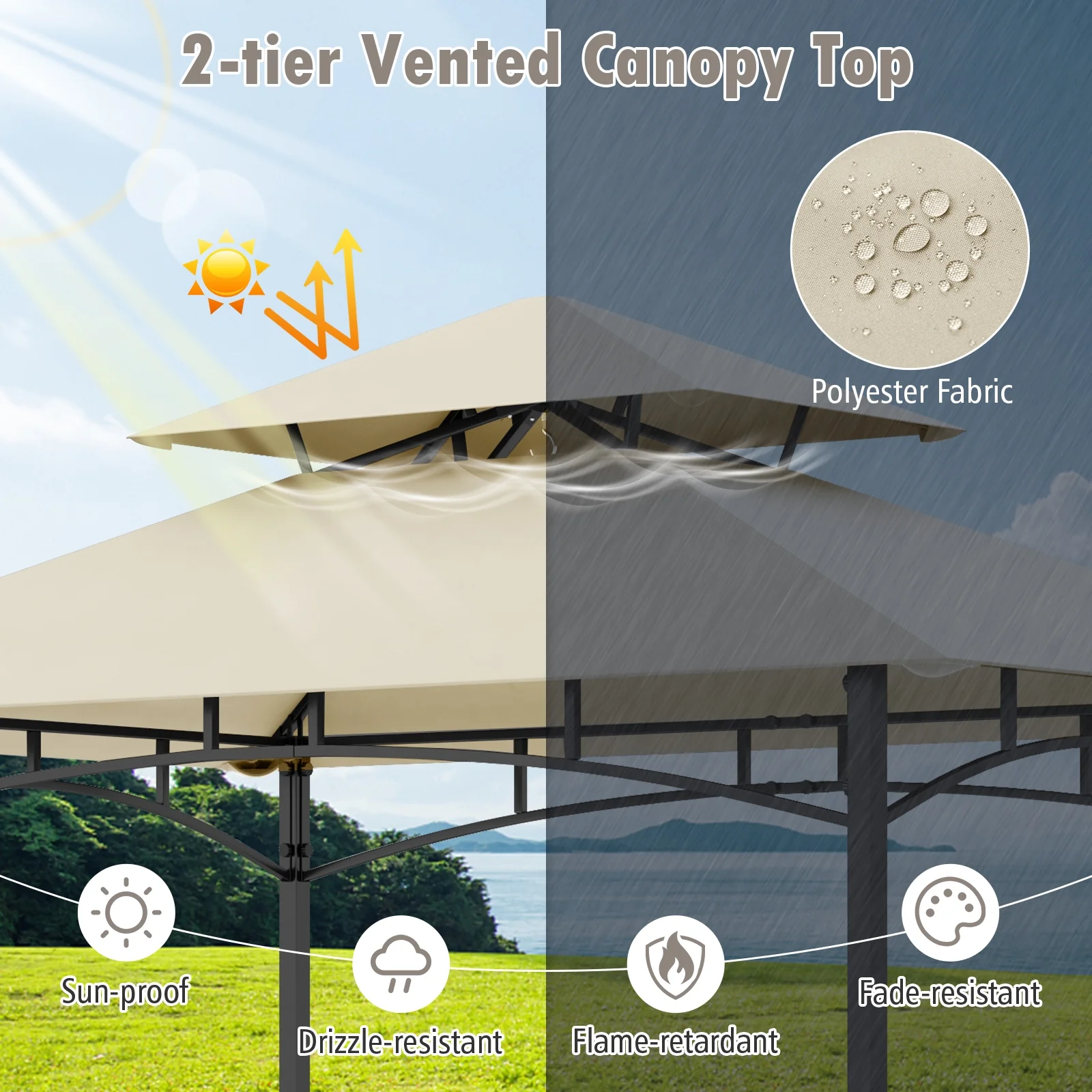 8 x 5 Feet Outdoor Grill Gazebo, 2 Side Shelves, 10 Hooks, Beige - Image 8