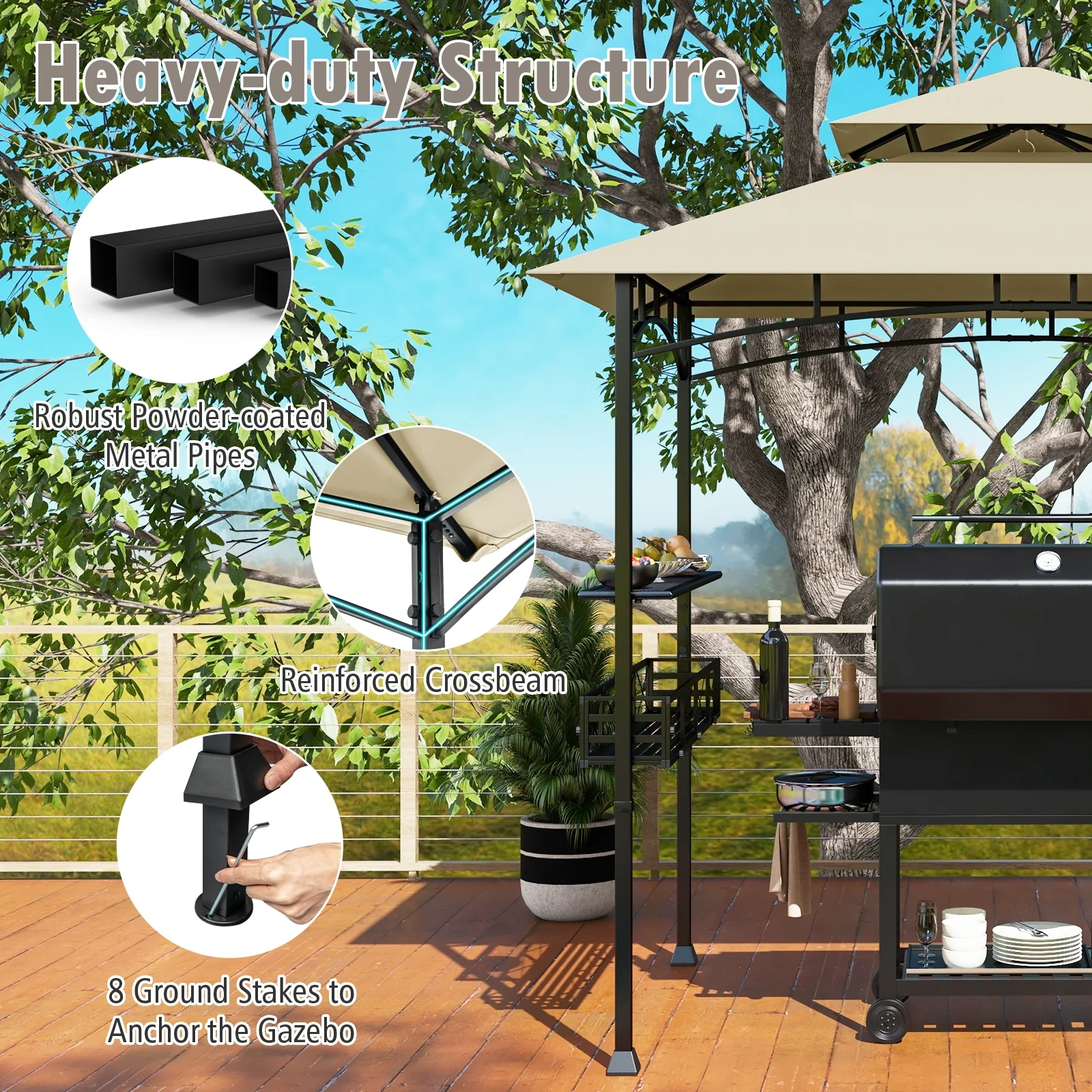8 x 5 Feet Outdoor Grill Gazebo, 2 Side Shelves, 10 Hooks, Beige - Image 9