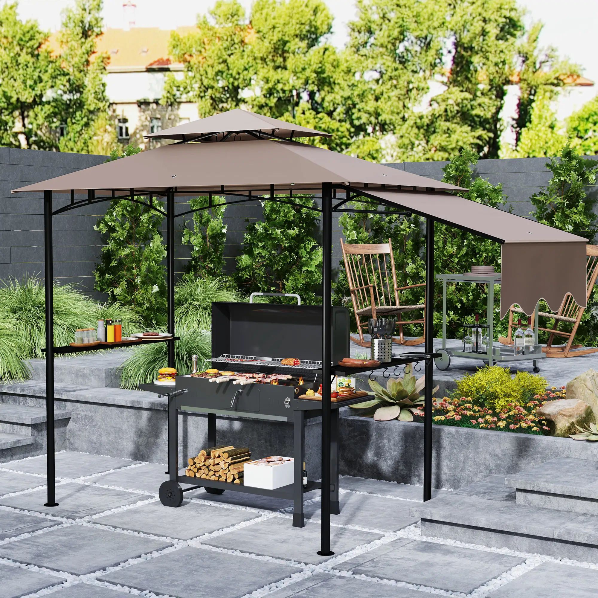 8' x 5' Grill Gazebo, Double Tiered Barbecue Shelter, Khaki - Image 2