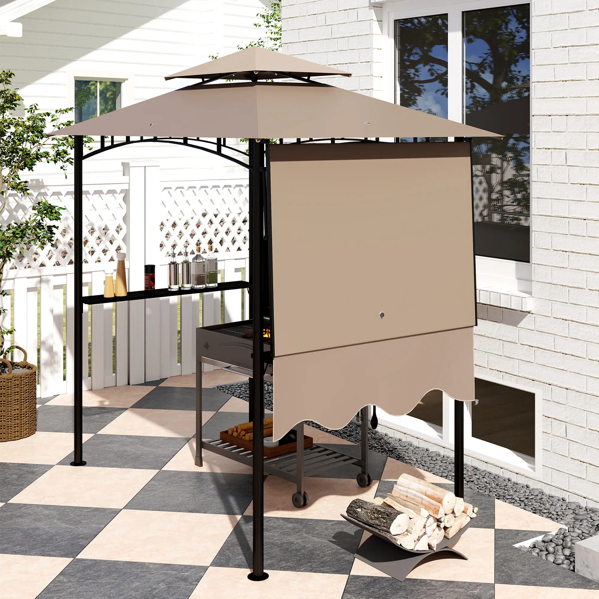 8' x 5' Grill Gazebo, Double Tiered Barbecue Shelter, Khaki - Image 9