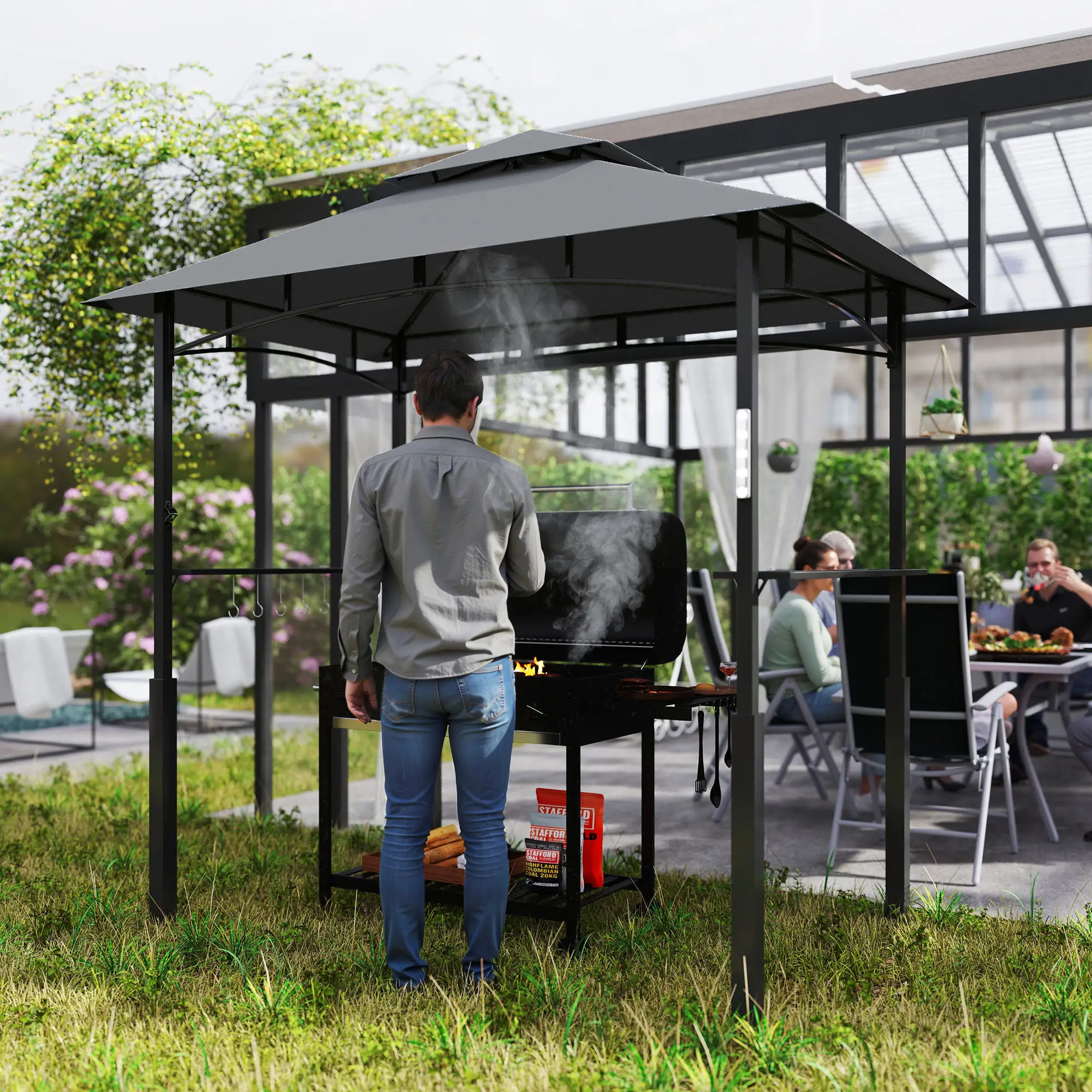 8' x 5' Grill Gazebo, Double Tiered, LED Light, Shelves, Dark Grey - Image 10