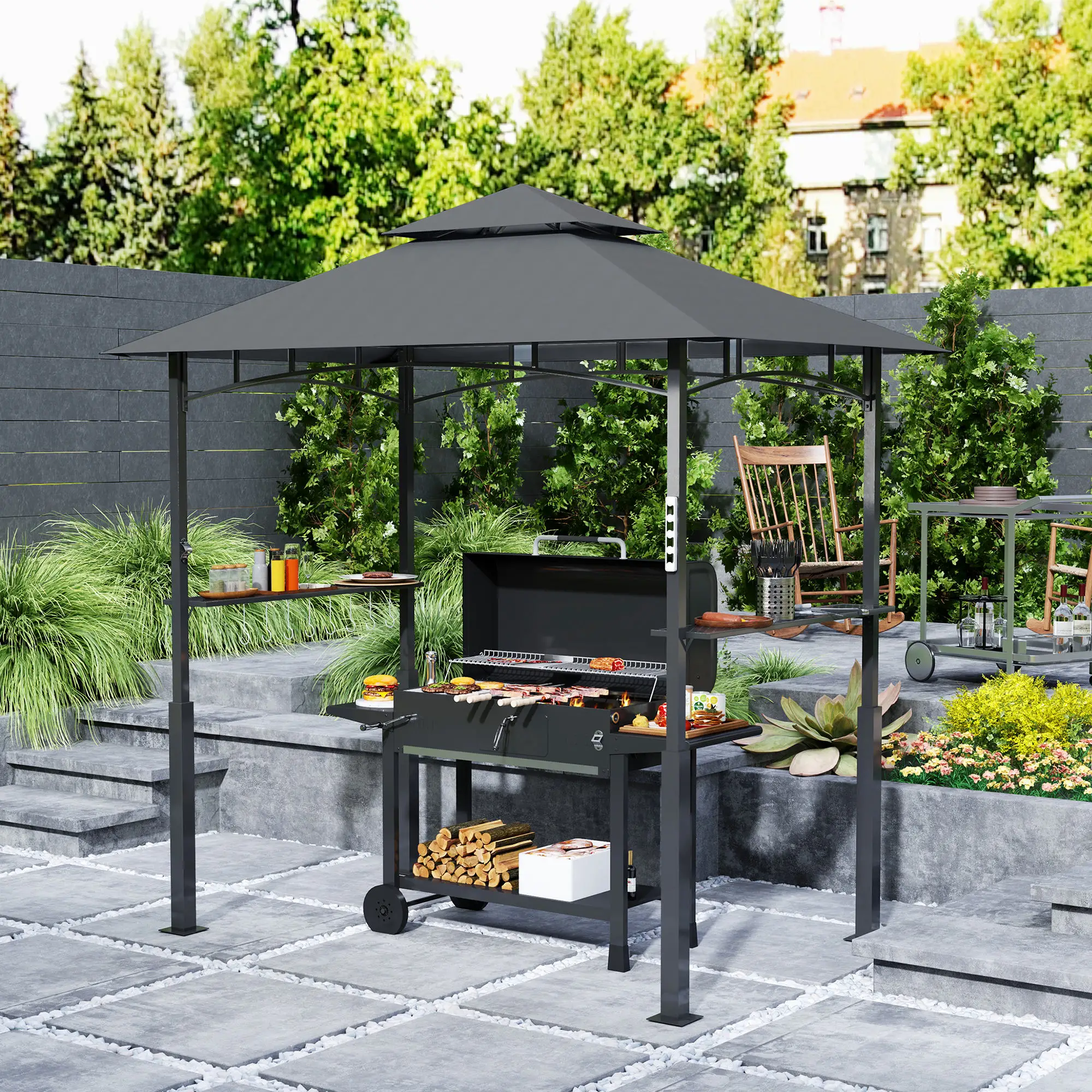 8' x 5' Grill Gazebo, Double Tiered, LED Light, Shelves, Dark Grey - Image 2