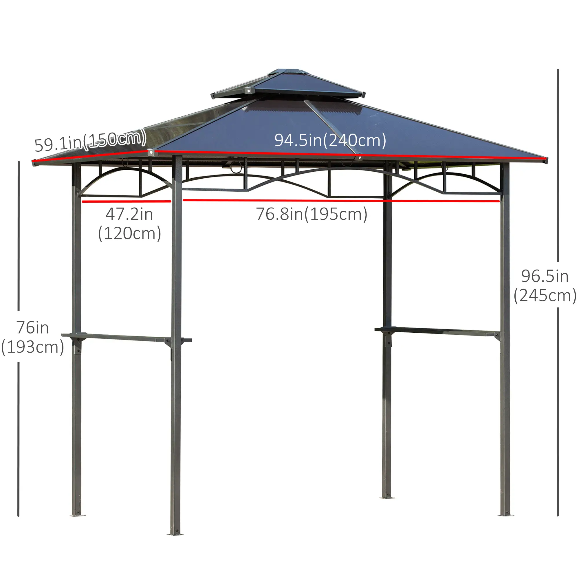 8' x 5' Hardtop Grill Gazebo, Aluminum BBQ Canopy, Outdoor With Side Shelves - Image 3