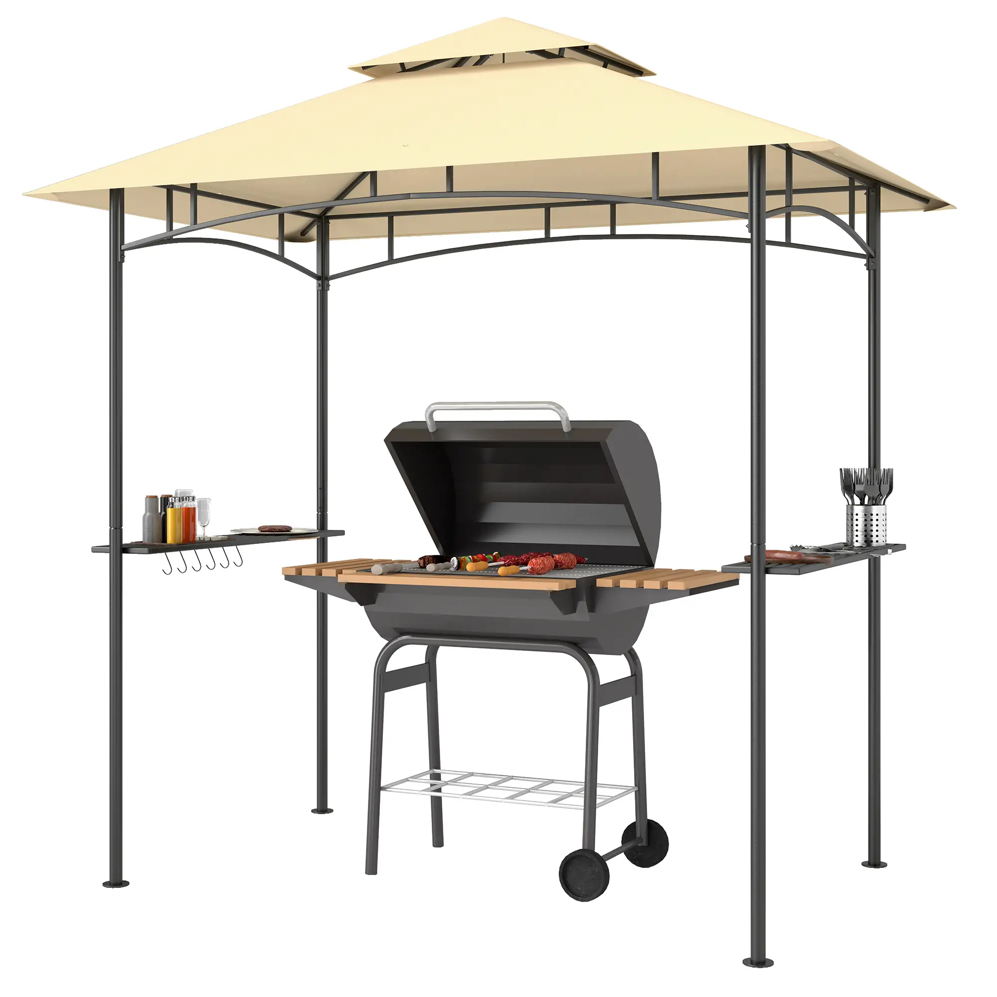 8' x 5' Outdoor Grill Gazebo, Double Tiered, 2 Side Shelves, Hooks, Beige
