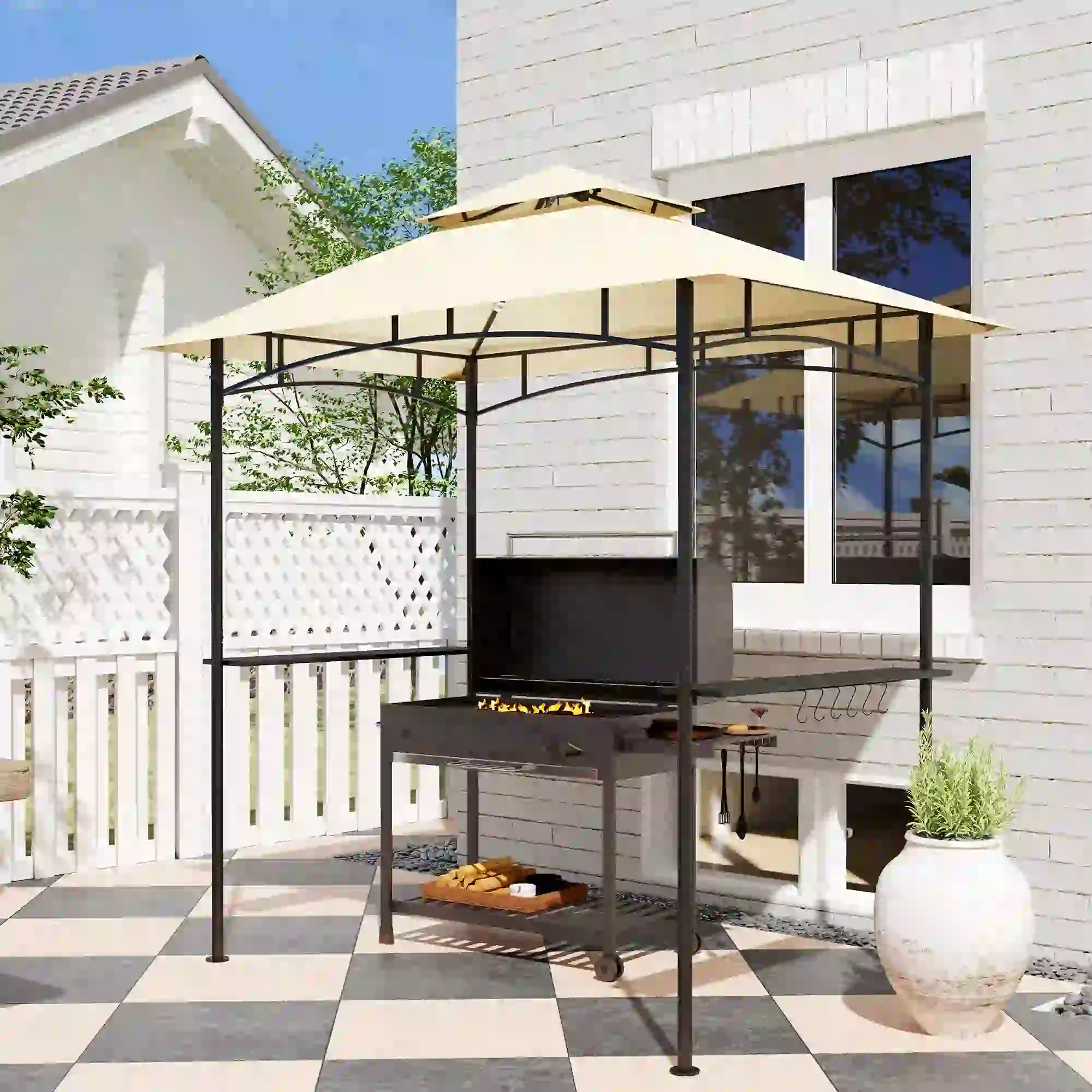 8' x 5' Outdoor Grill Gazebo, Double Tiered, 2 Side Shelves, Hooks, Beige - Image 10