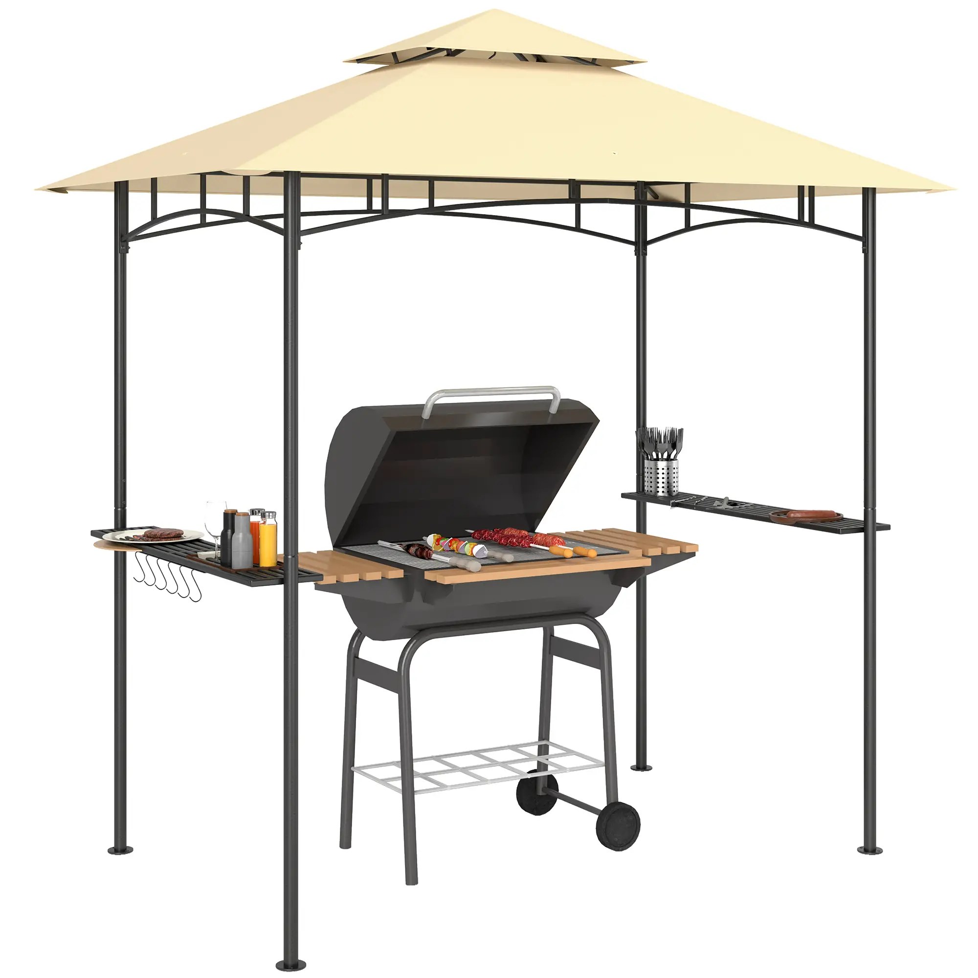 8' x 5' Outdoor Grill Gazebo, Double Tiered, 2 Side Shelves, Hooks, Beige - Image 11