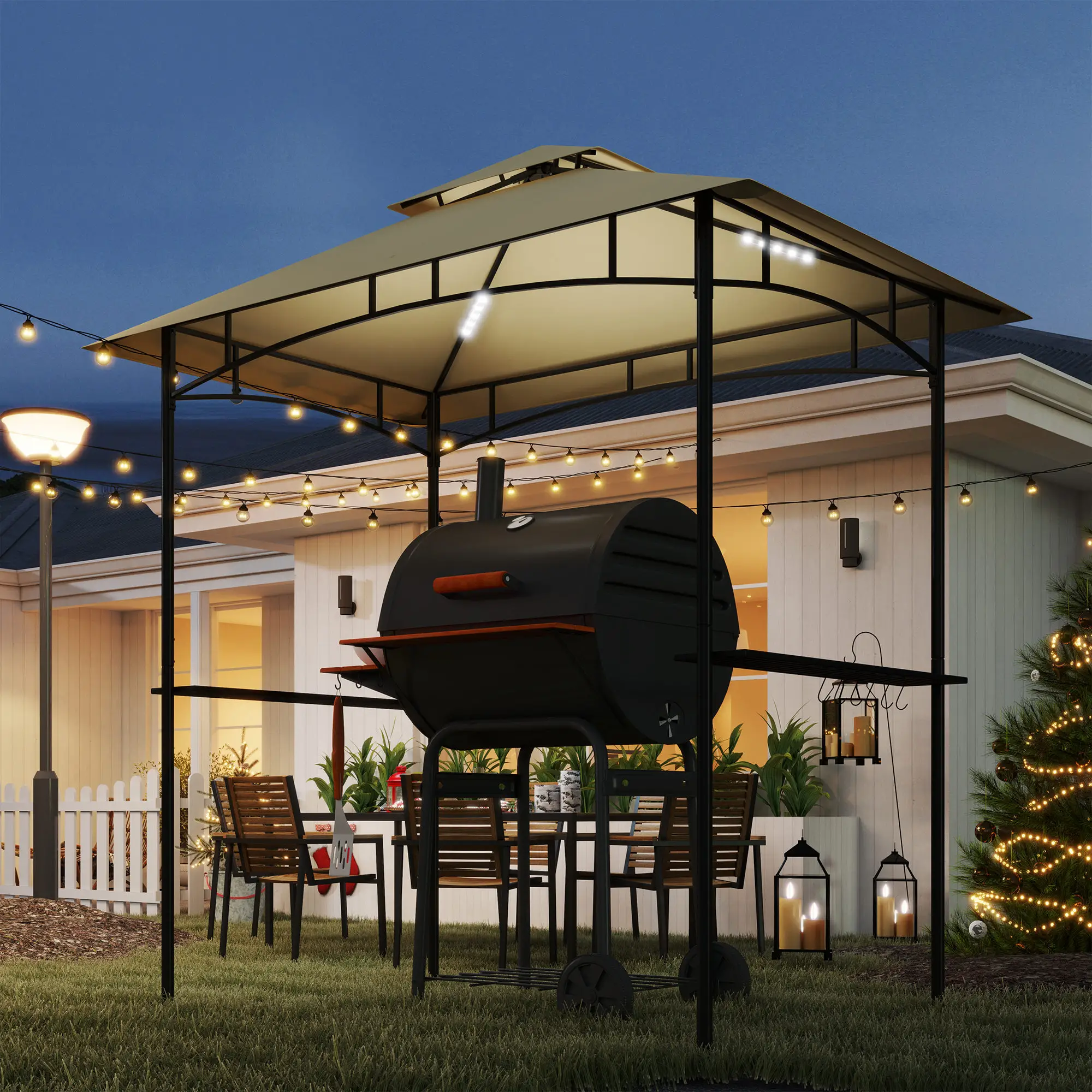 8' x 5' Outdoor Grill Gazebo, Double Tiered, 2 Side Shelves, Hooks, Beige - Image 2
