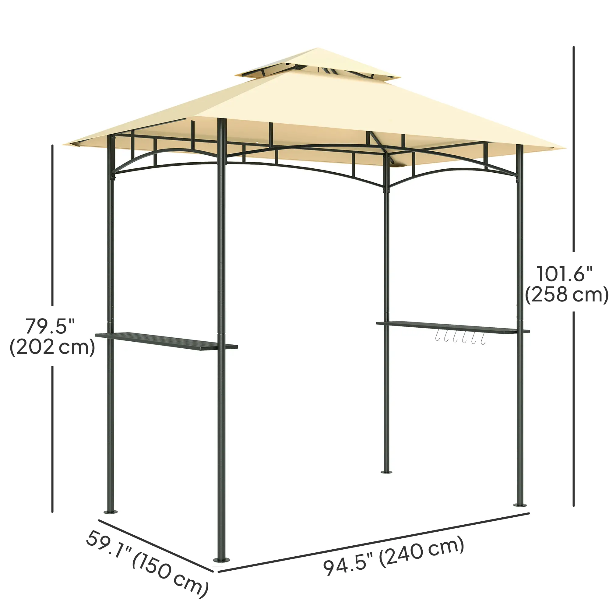 8' x 5' Outdoor Grill Gazebo, Double Tiered, 2 Side Shelves, Hooks, Beige - Image 3