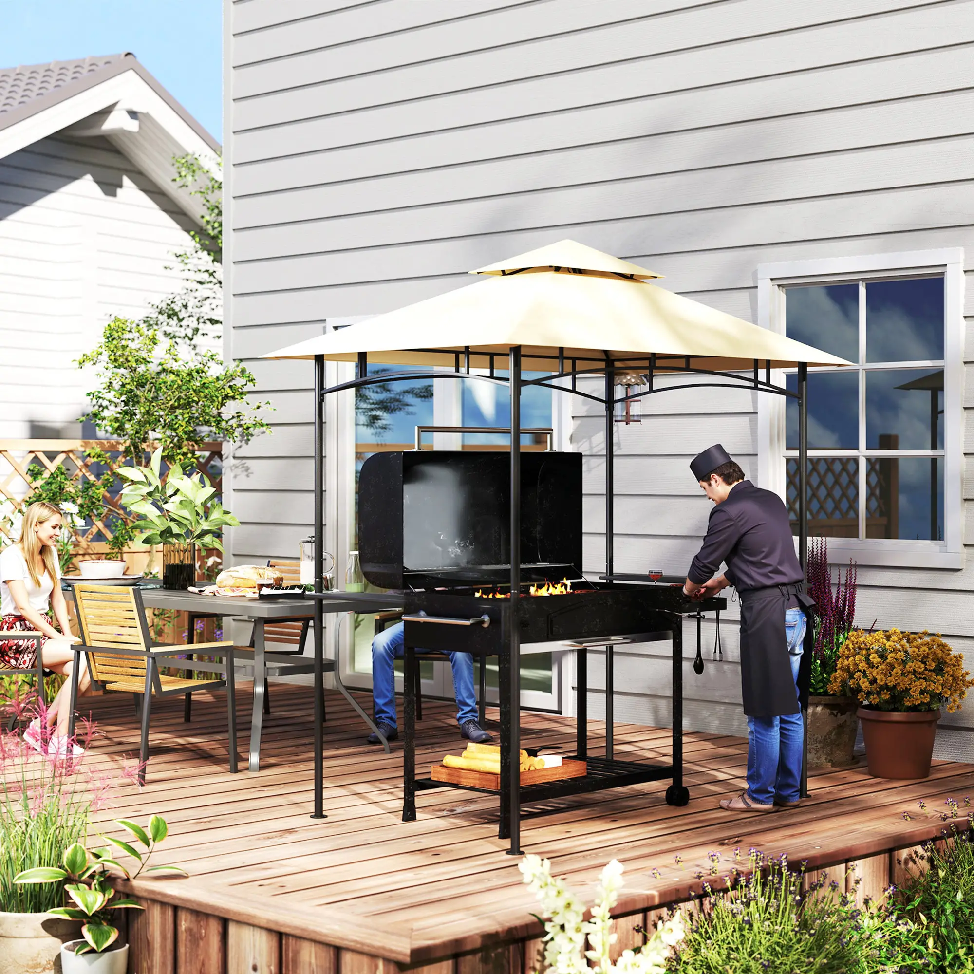 8' x 5' Outdoor Grill Gazebo, Double Tiered, 2 Side Shelves, Hooks, Beige - Image 8