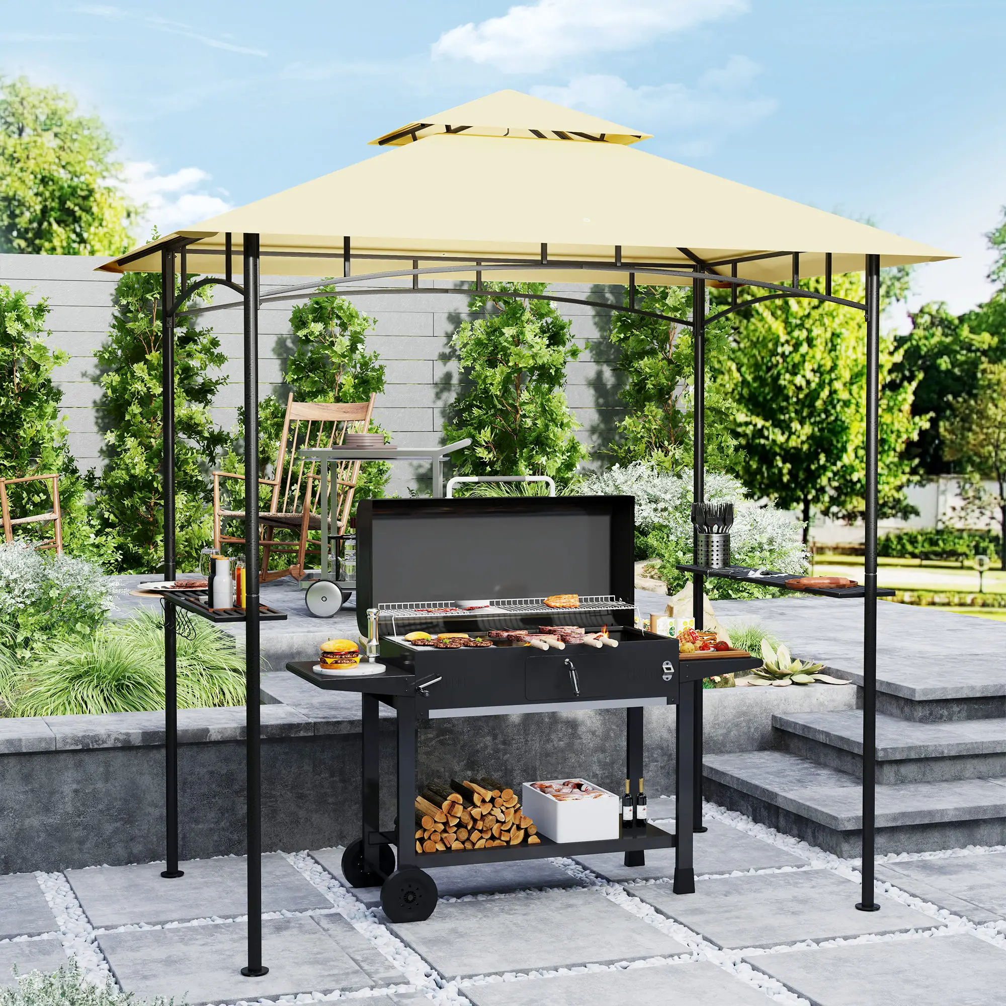 8' x 5' Outdoor Grill Gazebo, Double Tiered, 2 Side Shelves, Hooks, Beige - Image 9