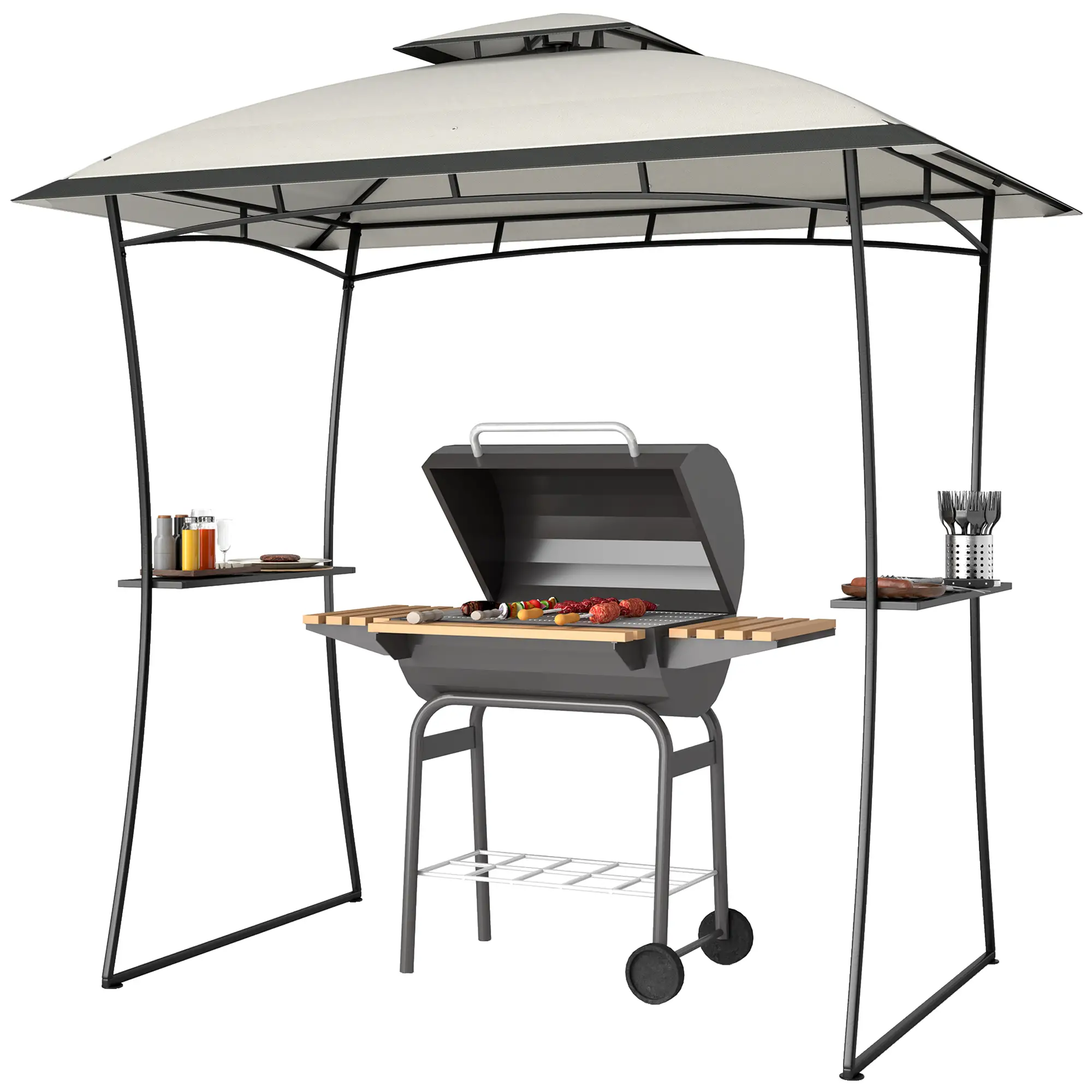 8' x 5' Outdoor Grill Gazebo, Double Tiered Barbecue Shelter, Light Grey