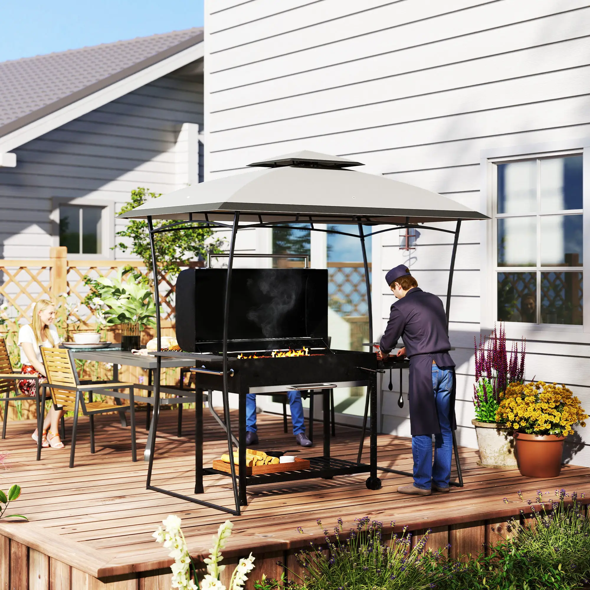 8' x 5' Outdoor Grill Gazebo, Double Tiered Barbecue Shelter, Light Grey - Image 10
