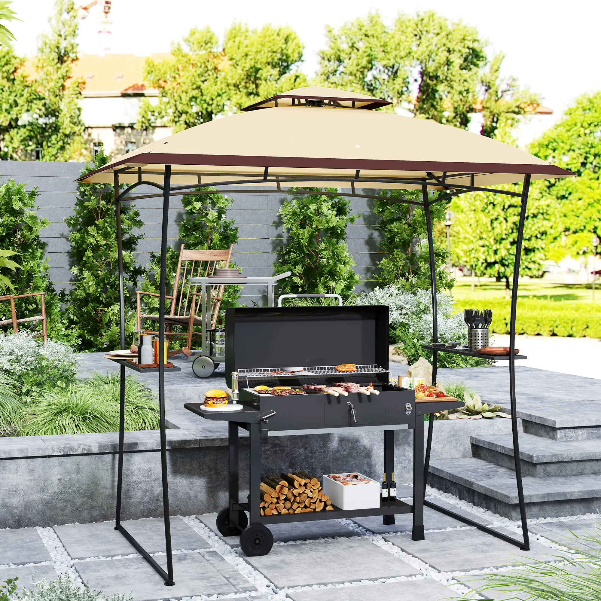 8' x 5' Outdoor Grill Gazebo, Double Tiered, Beige - Image 2