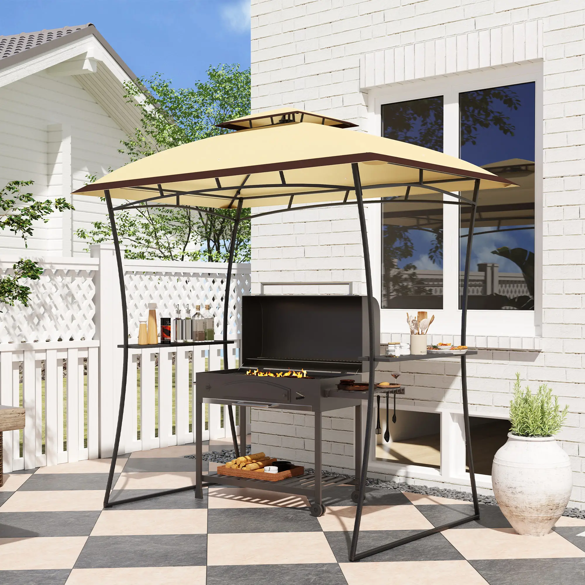 8' x 5' Outdoor Grill Gazebo, Double Tiered, Beige - Image 8