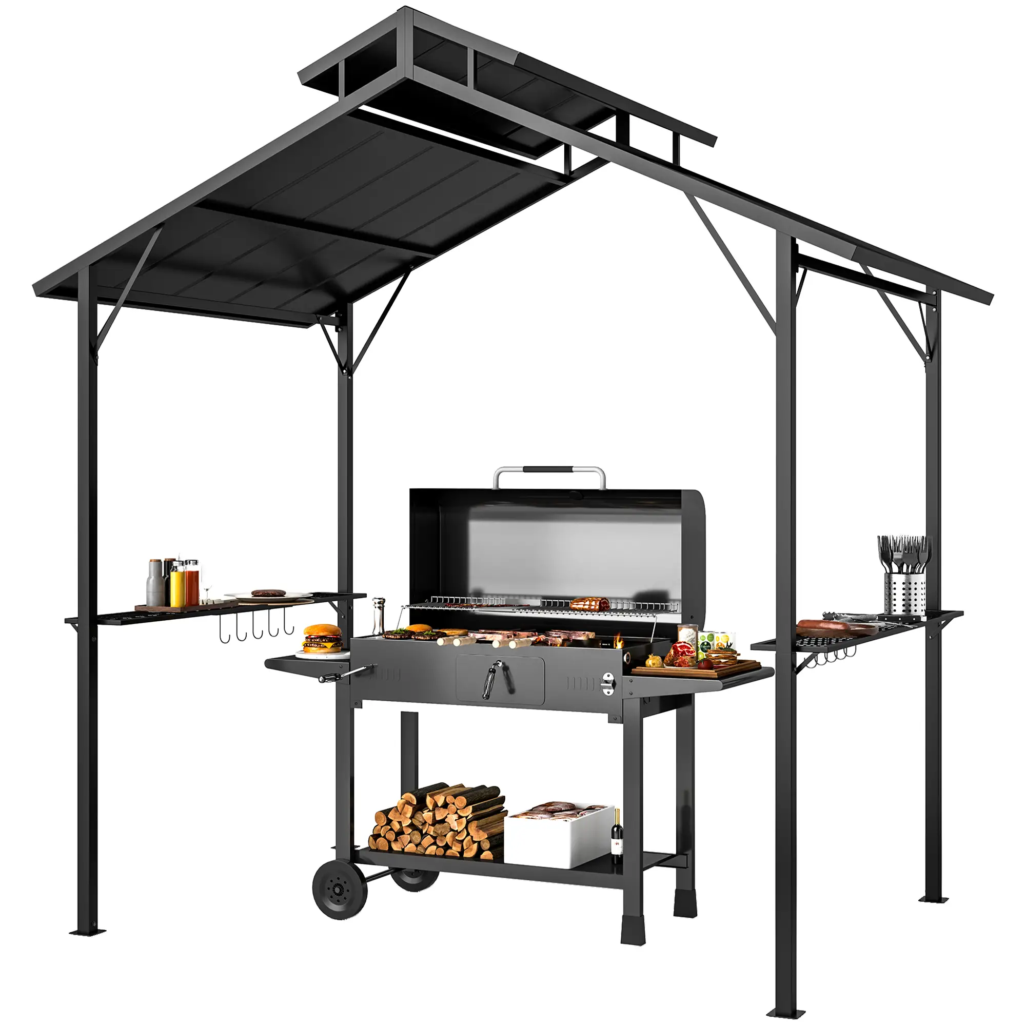 8 x 5ft Hardtop Grill Gazebo, Double Metal Roof, 2 Side Shelves, 10 Hooks