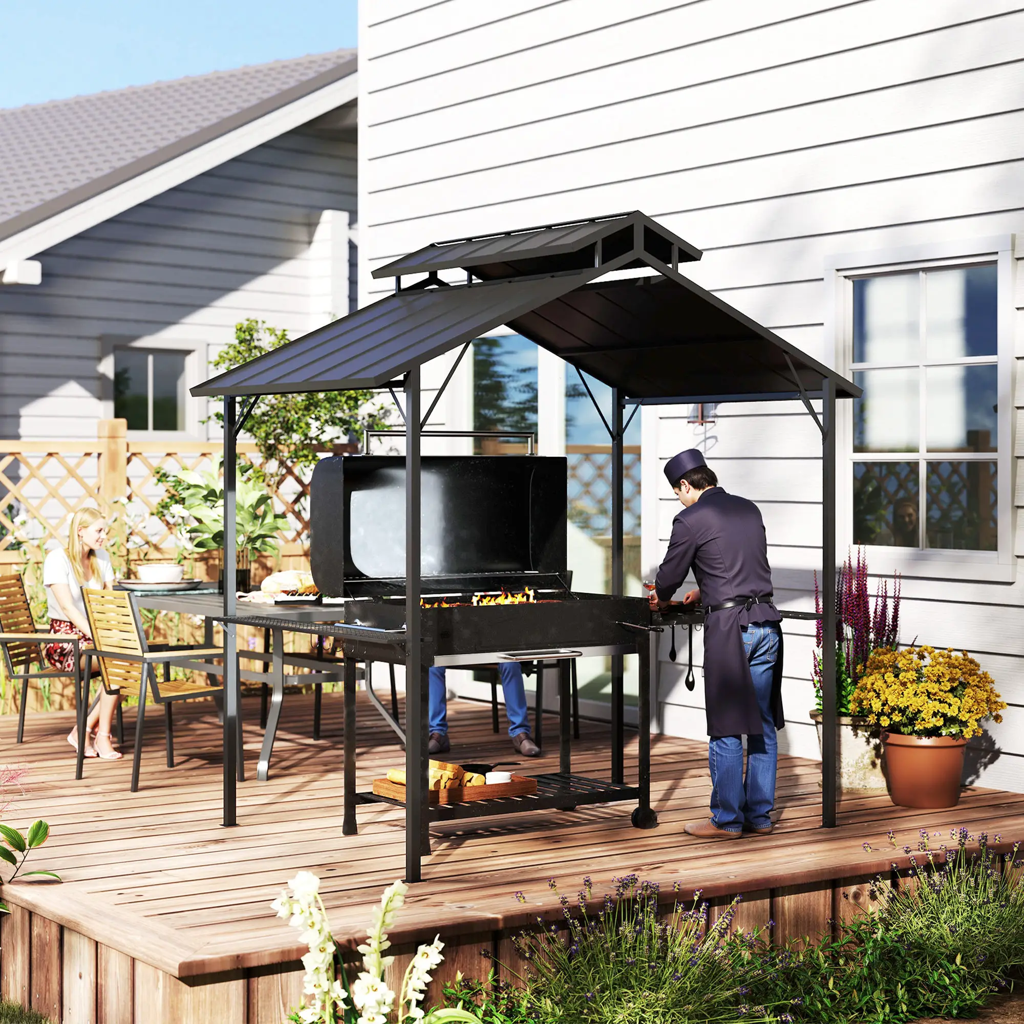 8 x 5ft Hardtop Grill Gazebo, Double Metal Roof, 2 Side Shelves, 10 Hooks - Image 10