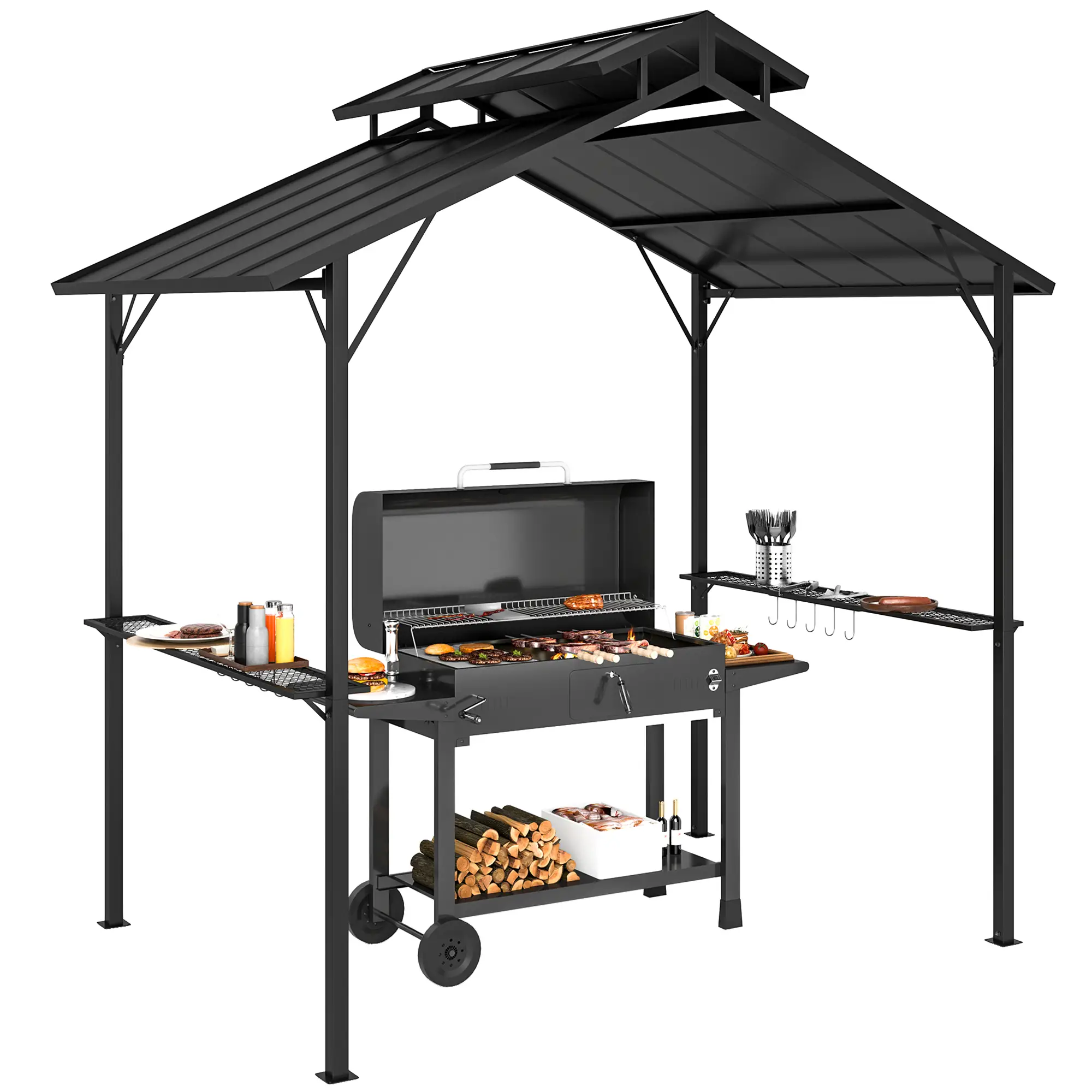 8 x 5ft Hardtop Grill Gazebo, Double Metal Roof, 2 Side Shelves, 10 Hooks - Image 11