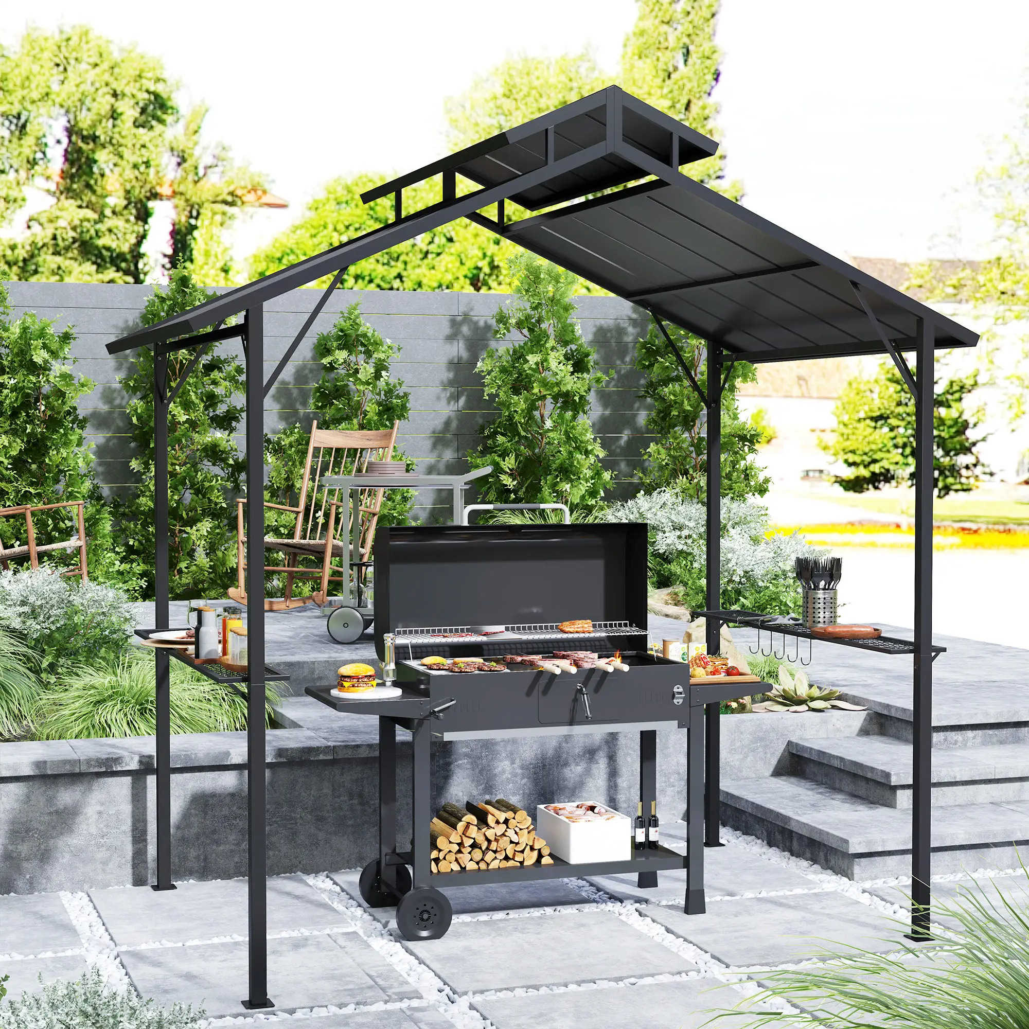 8 x 5ft Hardtop Grill Gazebo, Double Metal Roof, 2 Side Shelves, 10 Hooks - Image 2