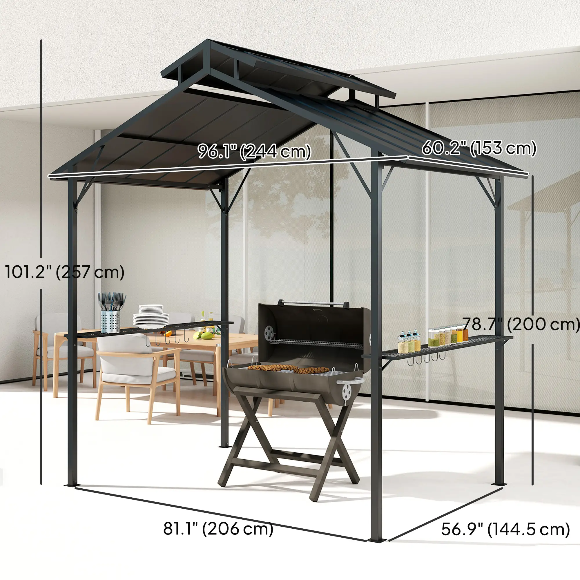 8 x 5ft Hardtop Grill Gazebo, Double Metal Roof, 2 Side Shelves, 10 Hooks - Image 3