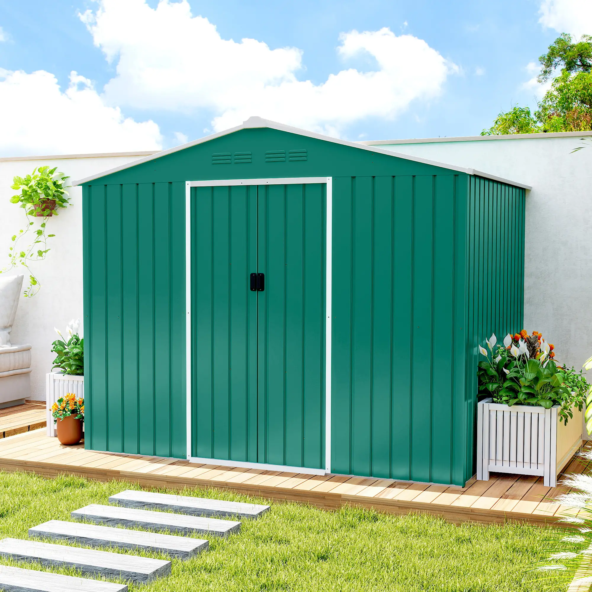 8' x 6' Metal Outdoor Storage Shed, Lockable Sliding Doors, Green - Image 10