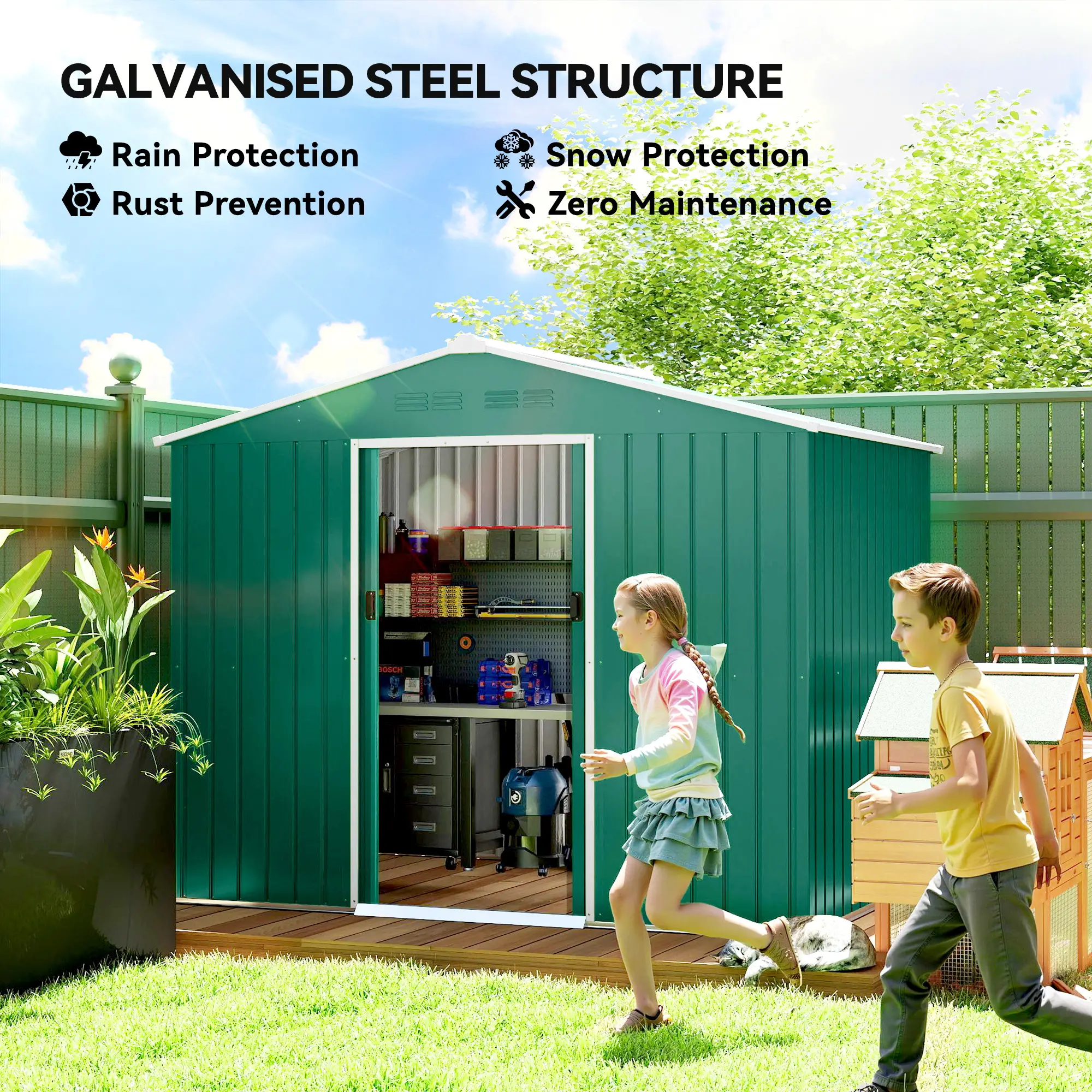 8' x 6' Metal Outdoor Storage Shed, Lockable Sliding Doors, Green - Image 4