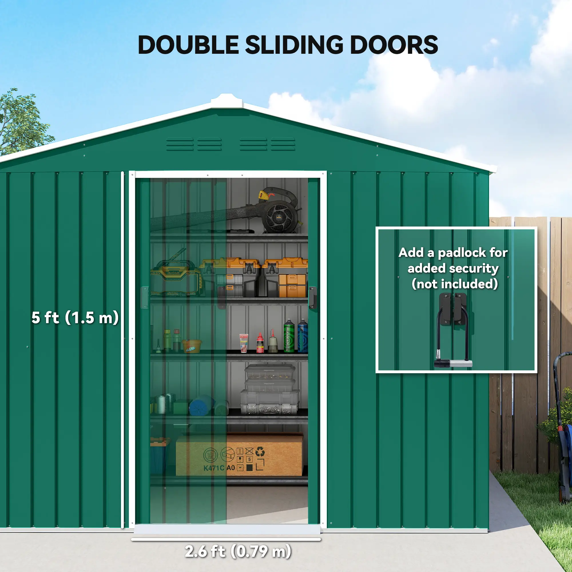8' x 6' Metal Outdoor Storage Shed, Lockable Sliding Doors, Green - Image 5