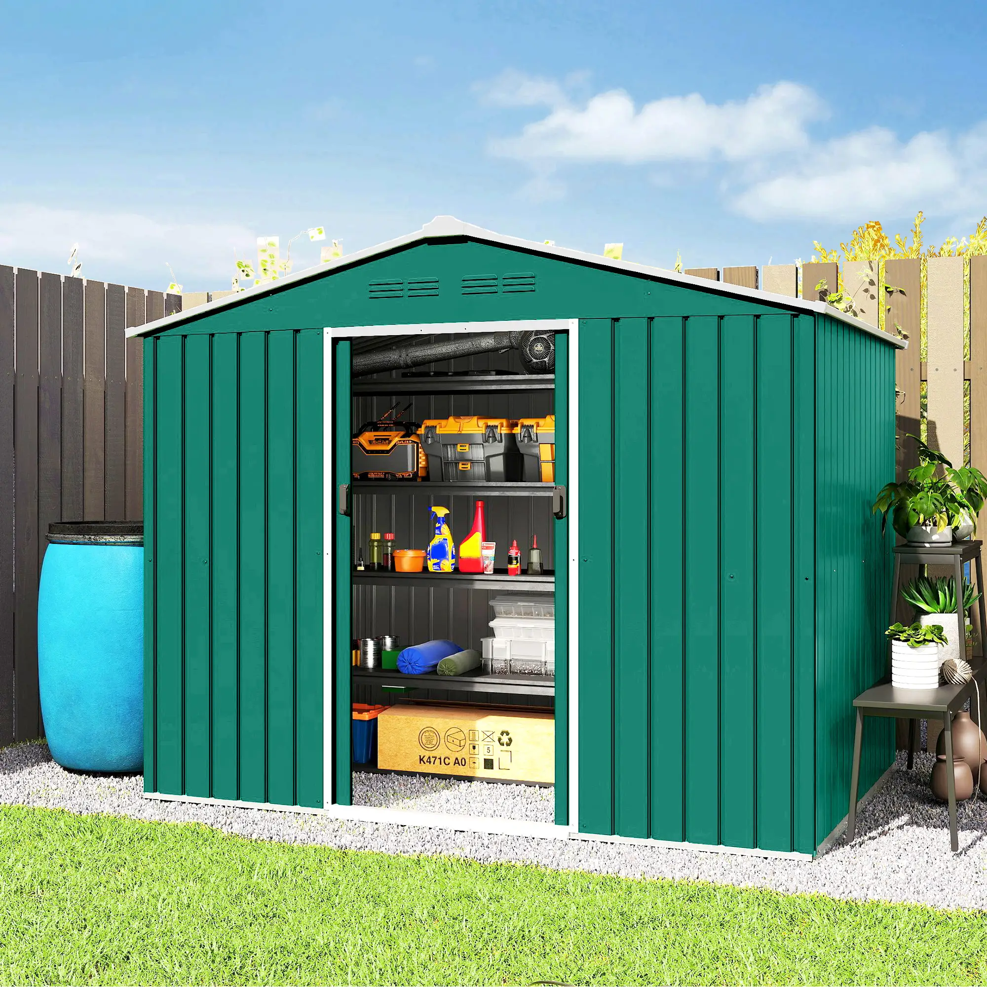 8' x 6' Metal Outdoor Storage Shed, Lockable Sliding Doors, Green - Image 8