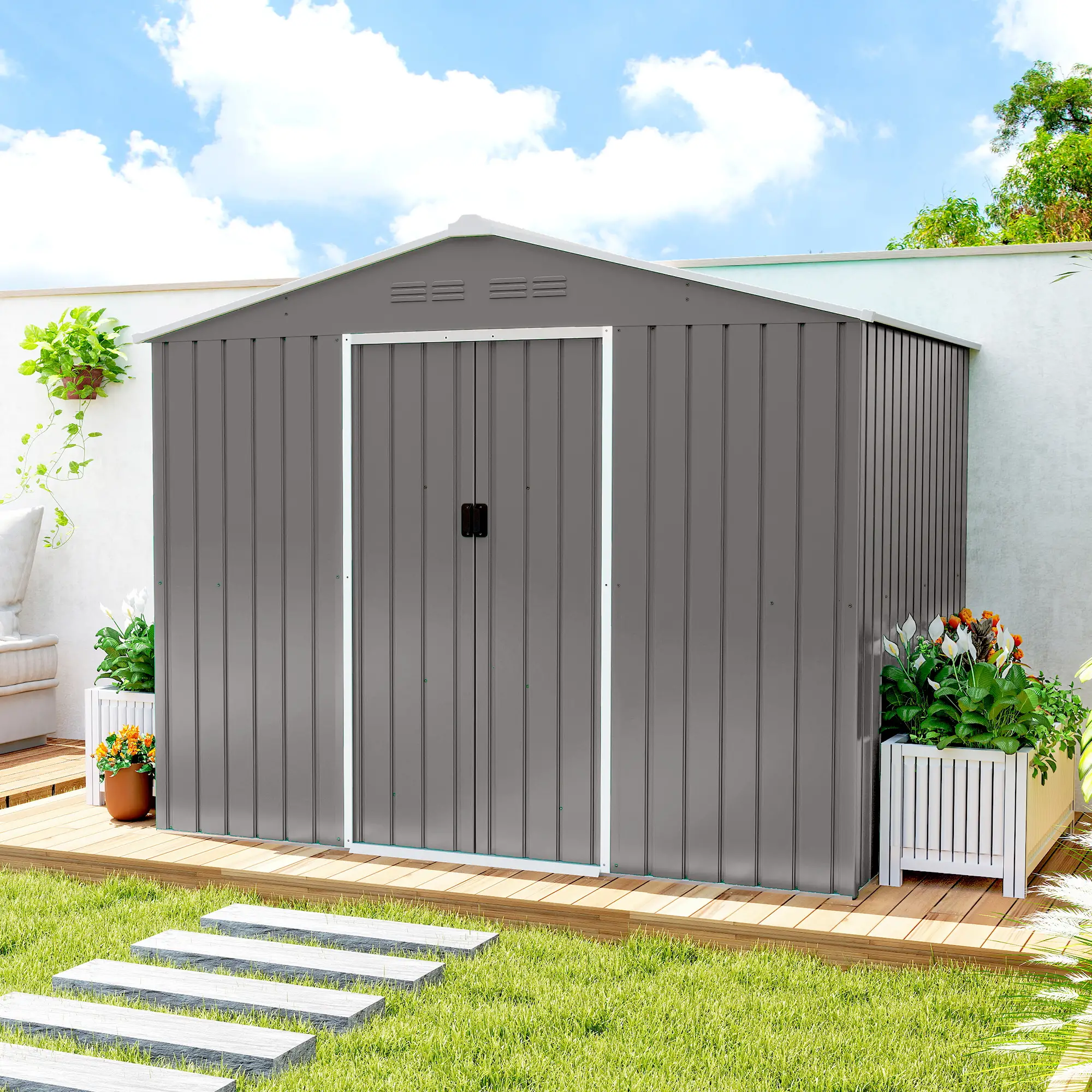 8' x 6' Metal Outdoor Storage Shed, Lockable Sliding Doors, Light Grey - Image 10