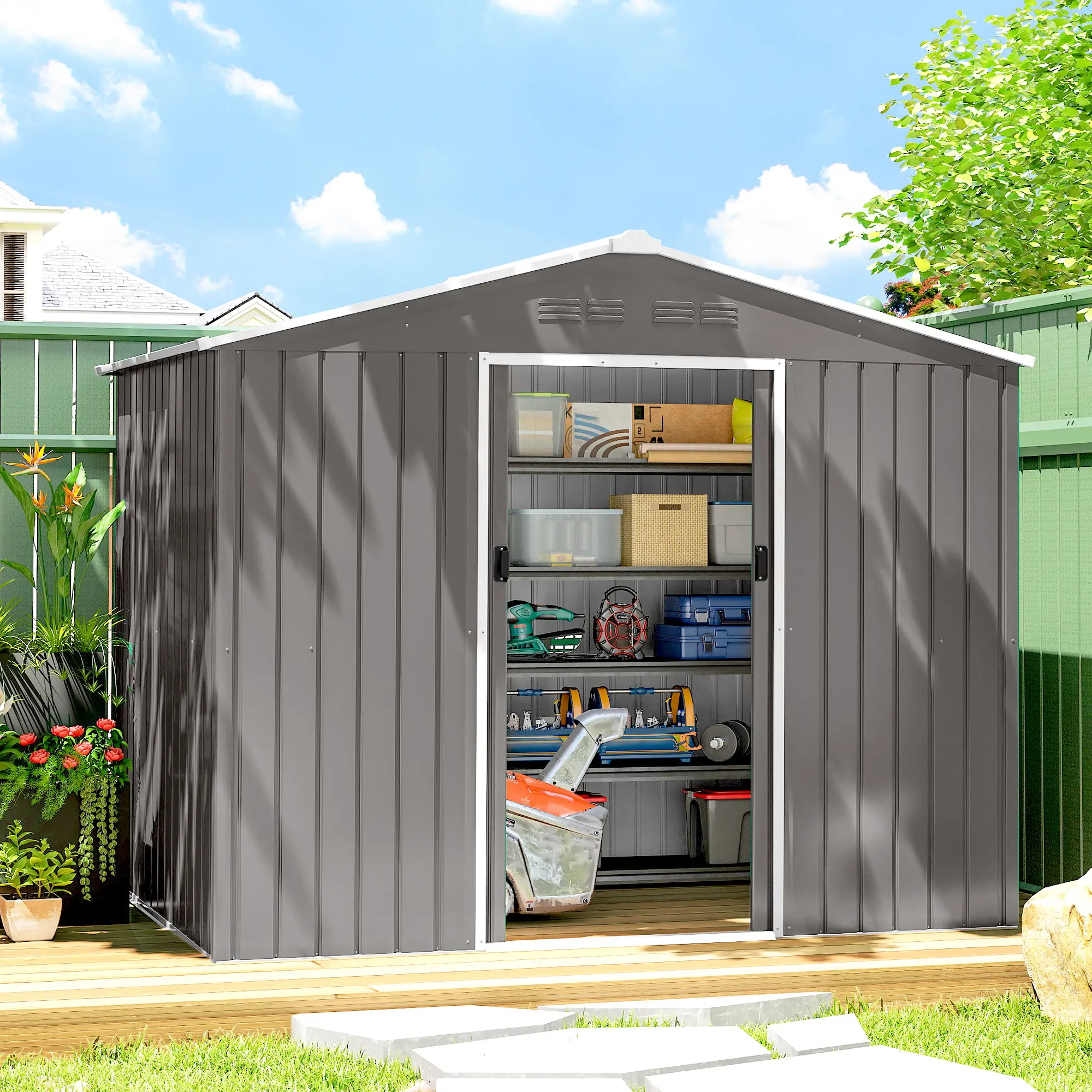 8' x 6' Metal Outdoor Storage Shed, Lockable Sliding Doors, Light Grey - Image 2