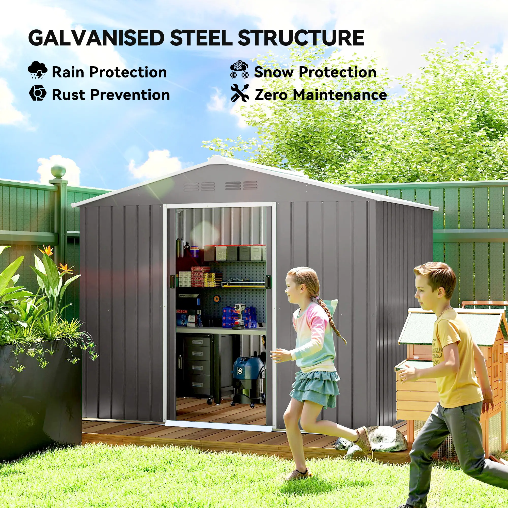 8' x 6' Metal Outdoor Storage Shed, Lockable Sliding Doors, Light Grey - Image 4