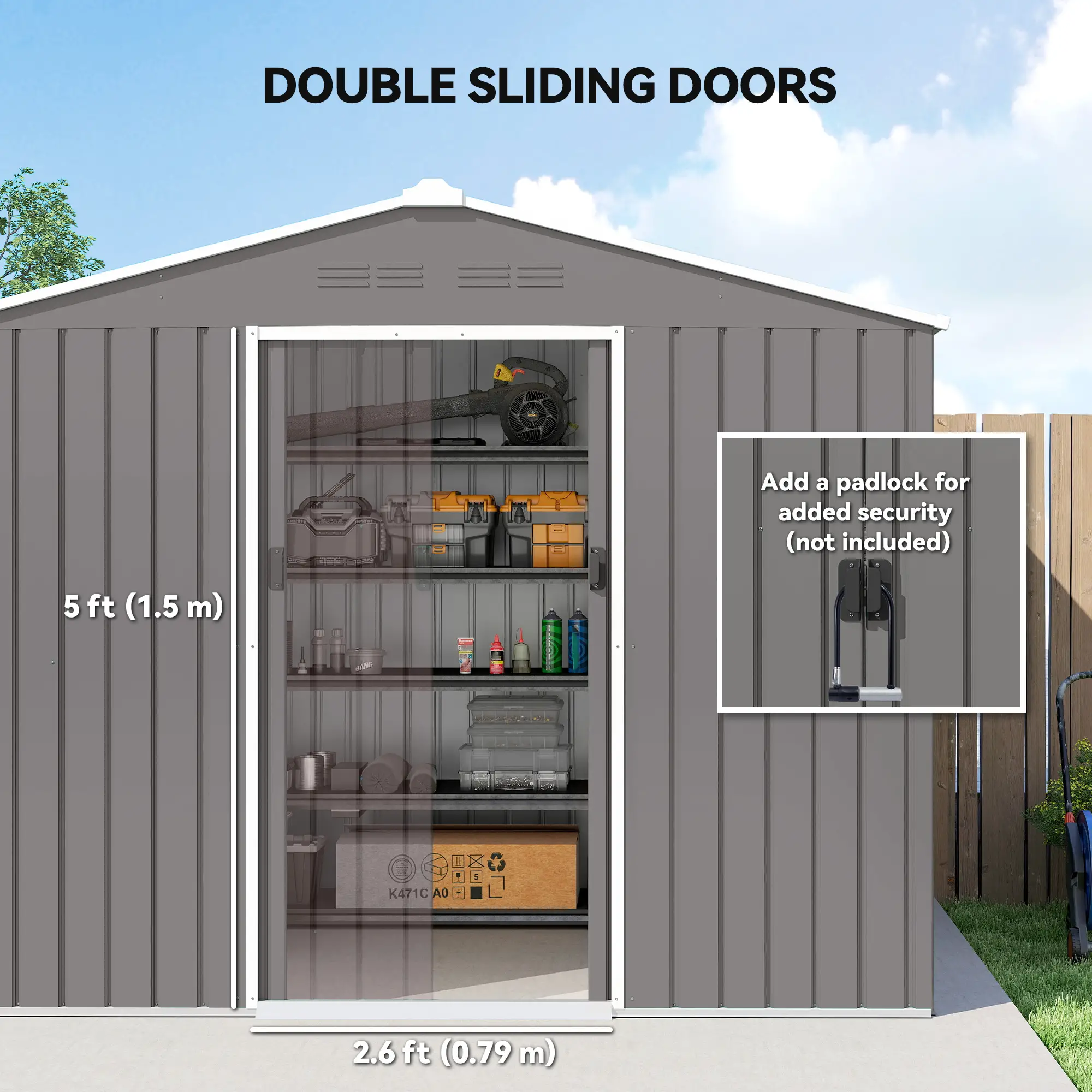 8' x 6' Metal Outdoor Storage Shed, Lockable Sliding Doors, Light Grey - Image 5