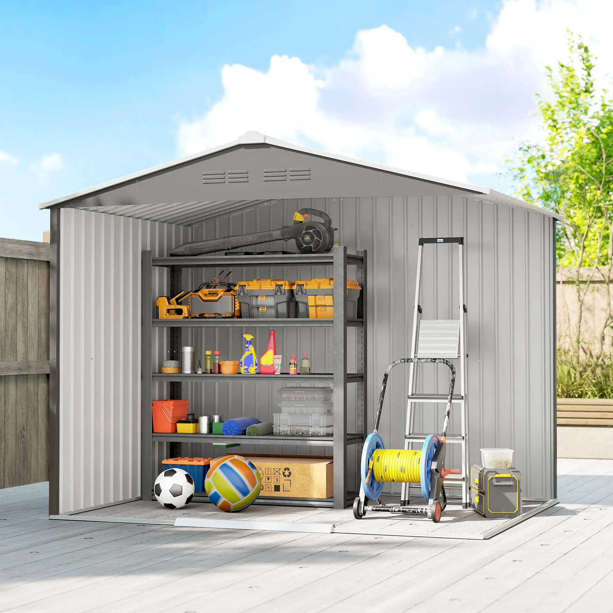 8' x 6' Metal Outdoor Storage Shed, Lockable Sliding Doors, Light Grey - Image 7